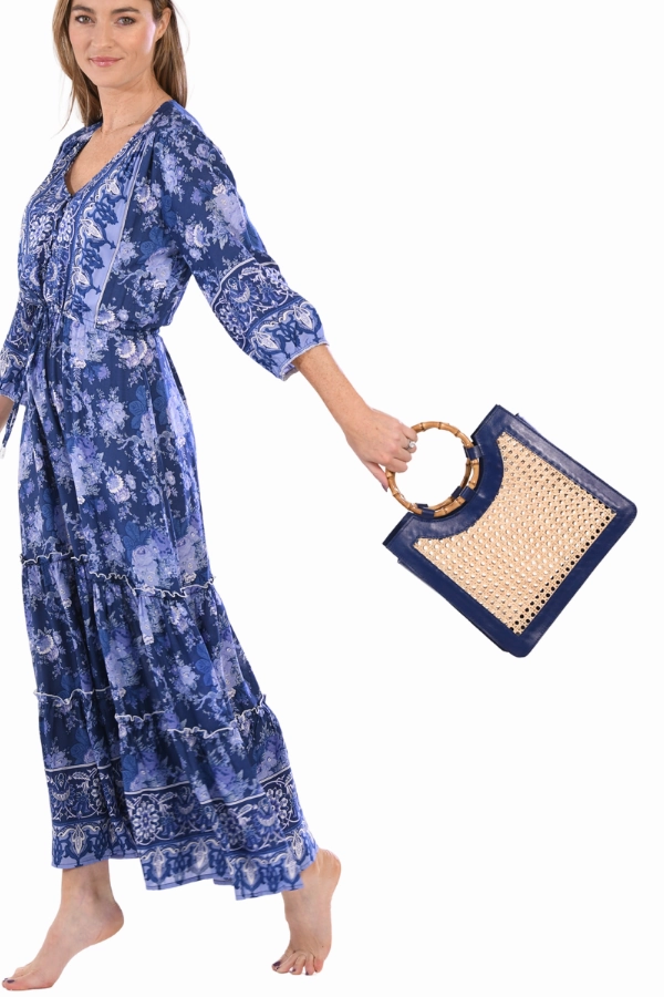 Bamboo Handle Wicker Bag / Navy