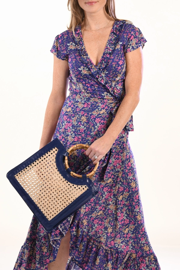 Bamboo Handle Wicker Bag / Navy