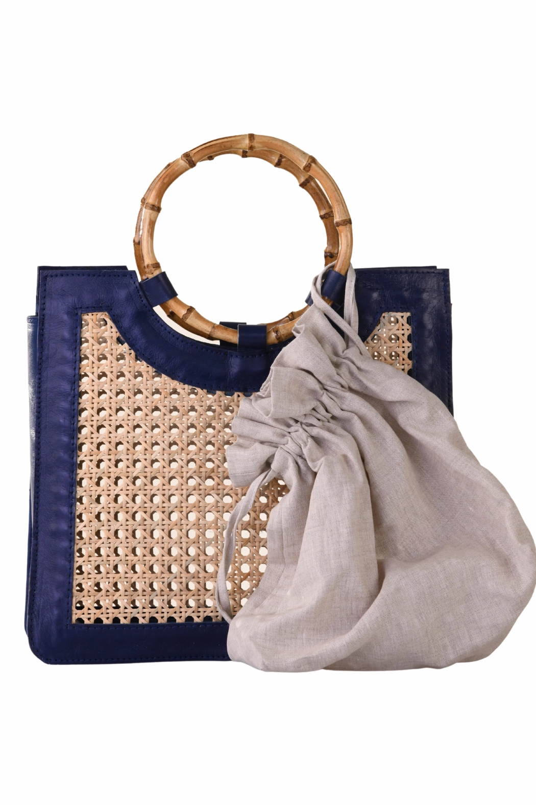 Bamboo Handle Wicker Bag / Navy
