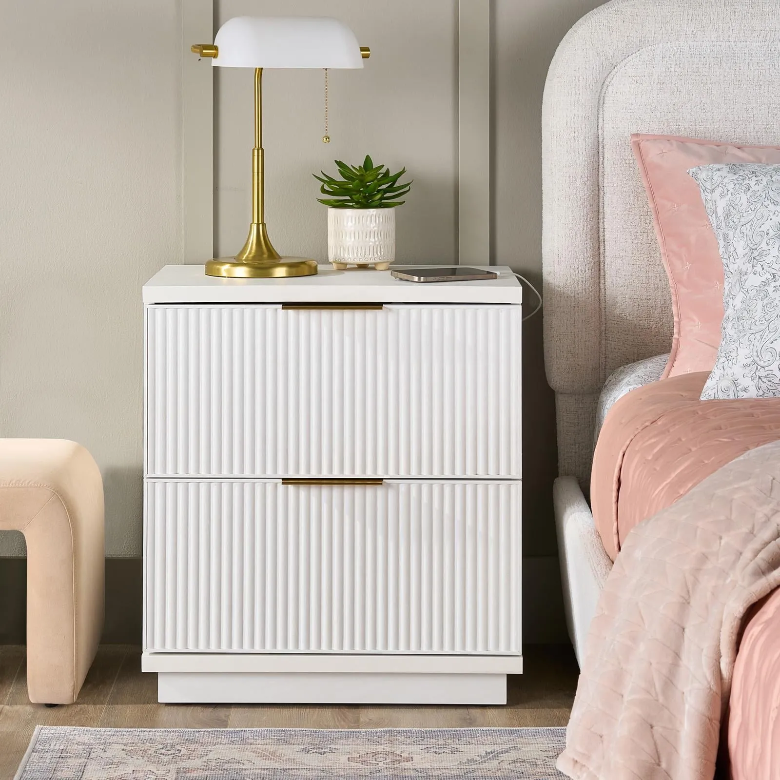 Better Homes & Gardens BHS436249972039 Lillian Fluted 2-Drawer Nightstand with USB, White Finish