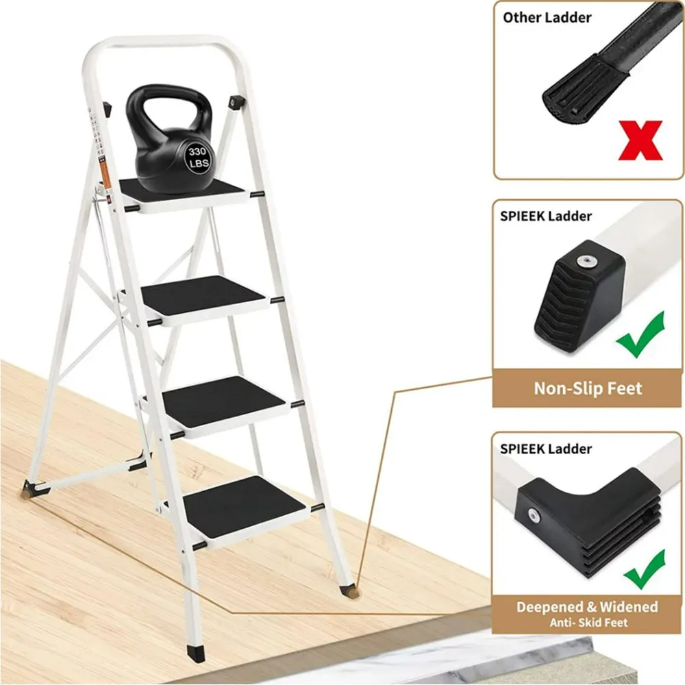 Coolhut SP006-FGT-White-4step Folding Step Stool With Wide Anti-Slip Pedal, 4-Step White