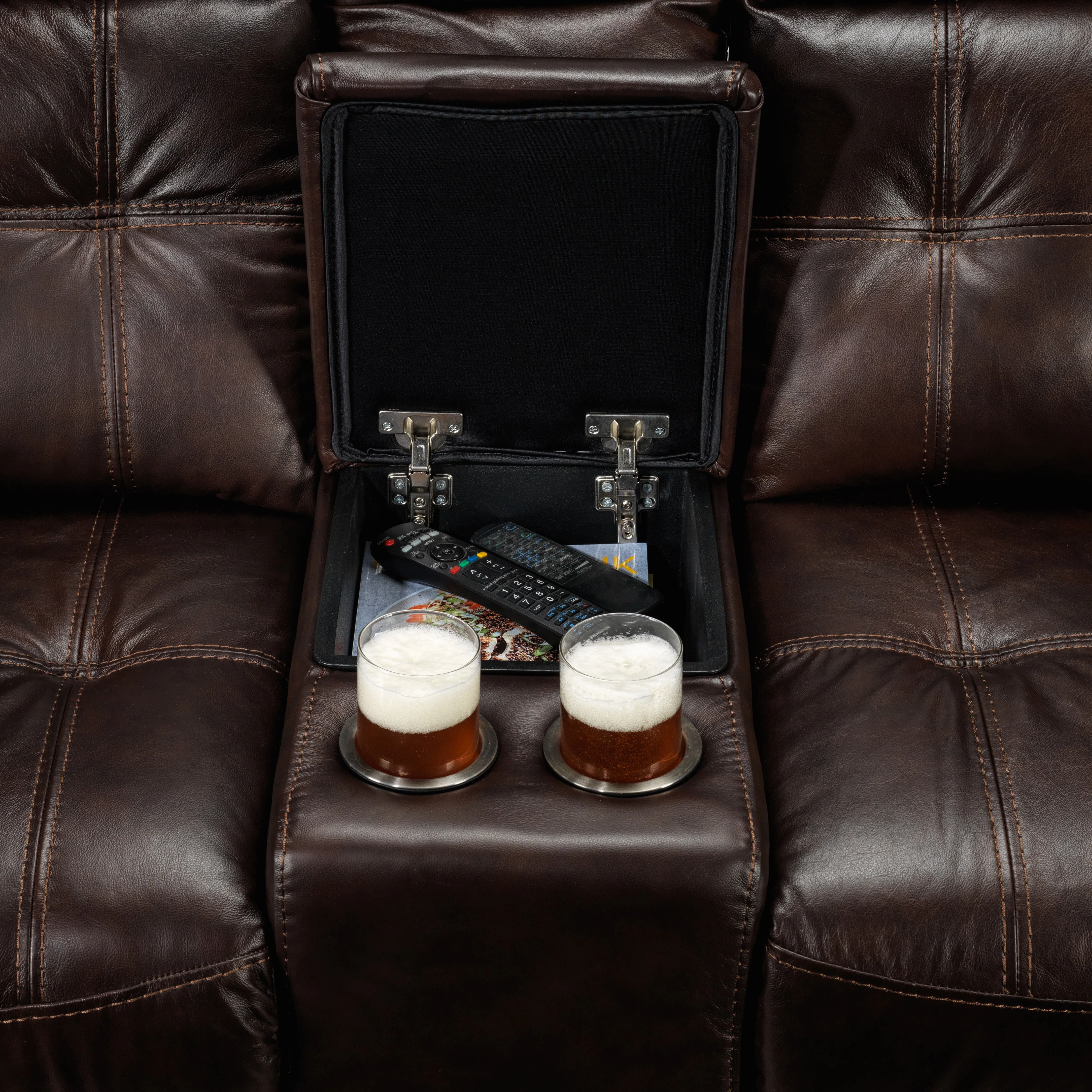 Cooper Leather Reclining Sofa, Reclining Loveseat with Console and Recliner Set - Brown