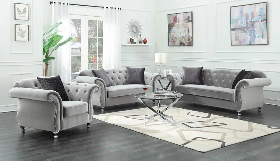 Frostine Button Tufted Sofa and loveseat Silver