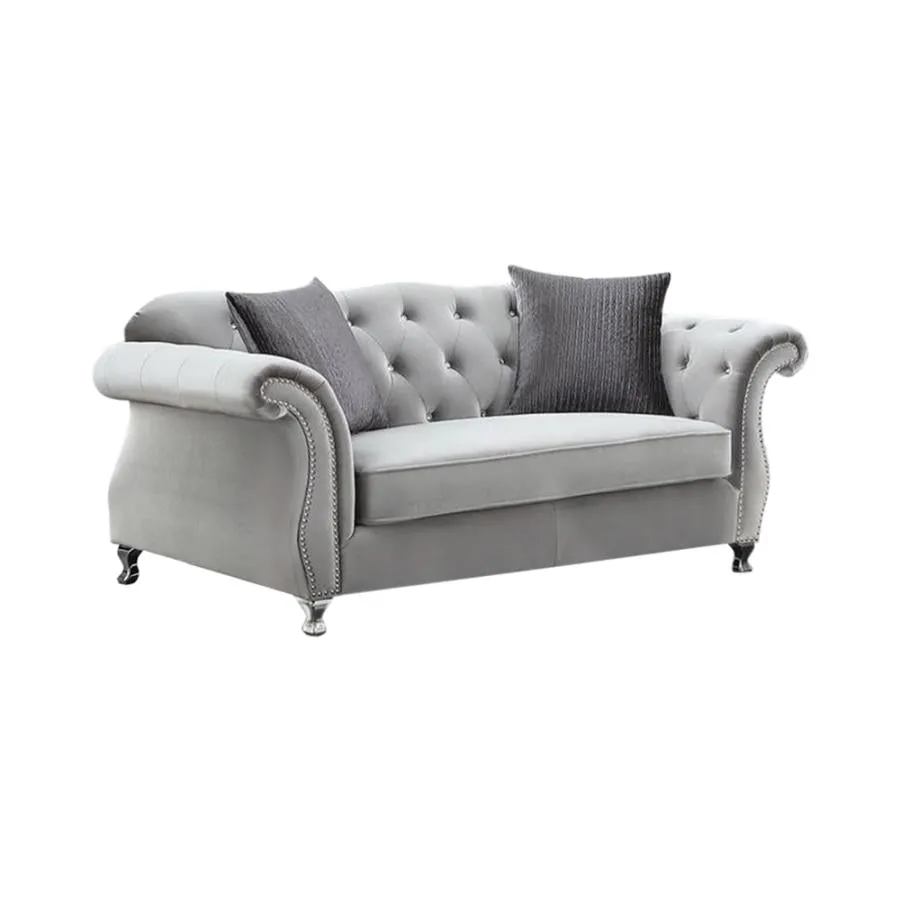 Frostine Button Tufted Sofa and loveseat Silver