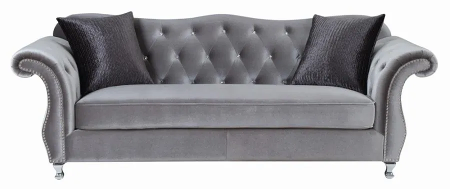 Frostine Button Tufted Sofa and loveseat Silver