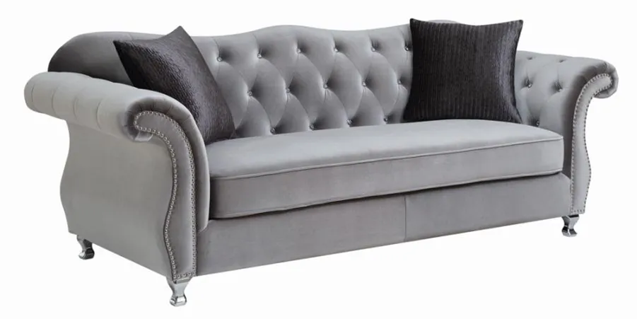 Frostine Button Tufted Sofa and loveseat Silver