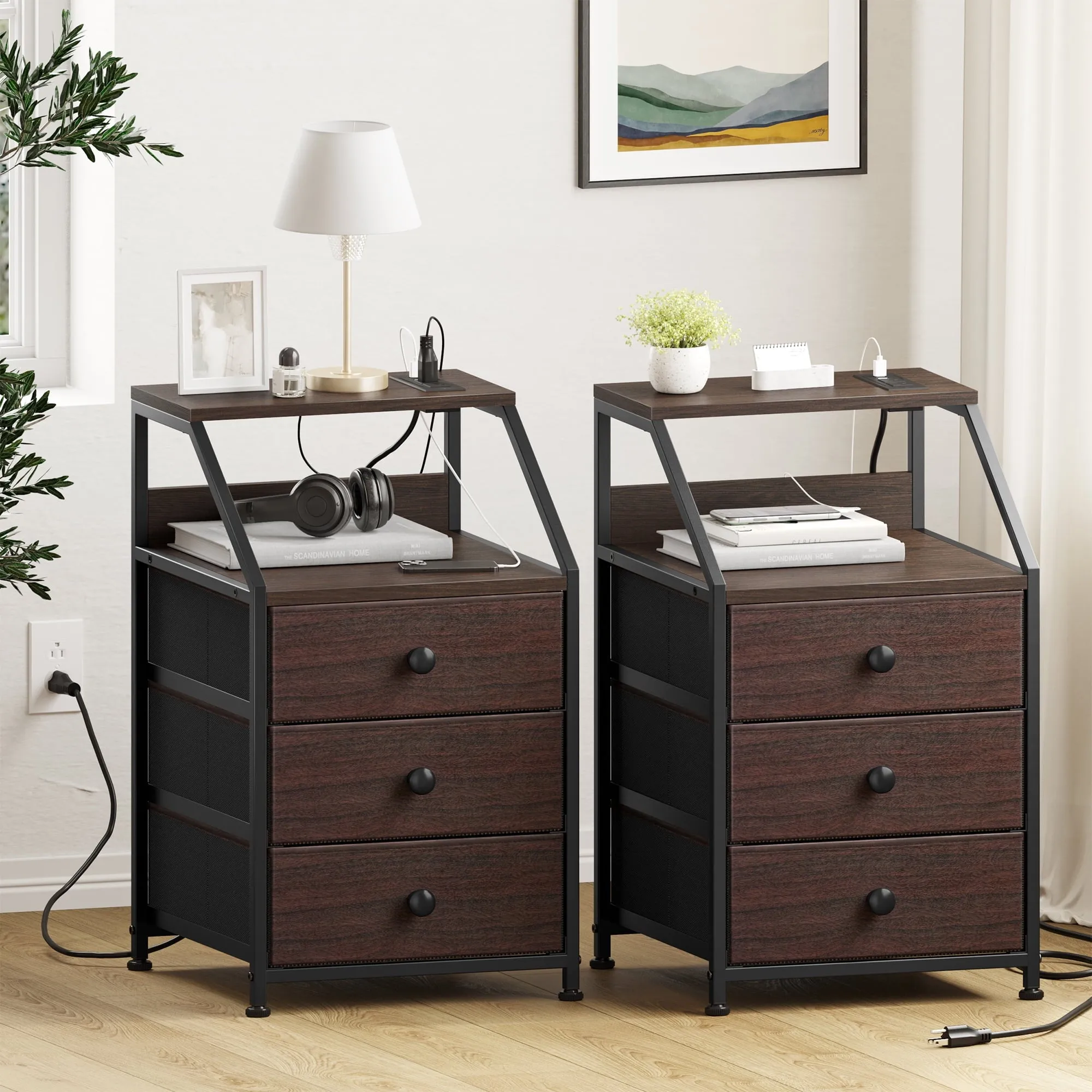 GUNAITO HN001D Nightstand with Charing Station & USB Ports, Set of 2, Brown