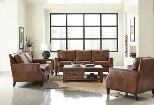 Leaton Recessed Arms Genuine Leather Living Room Set Brown Sugar