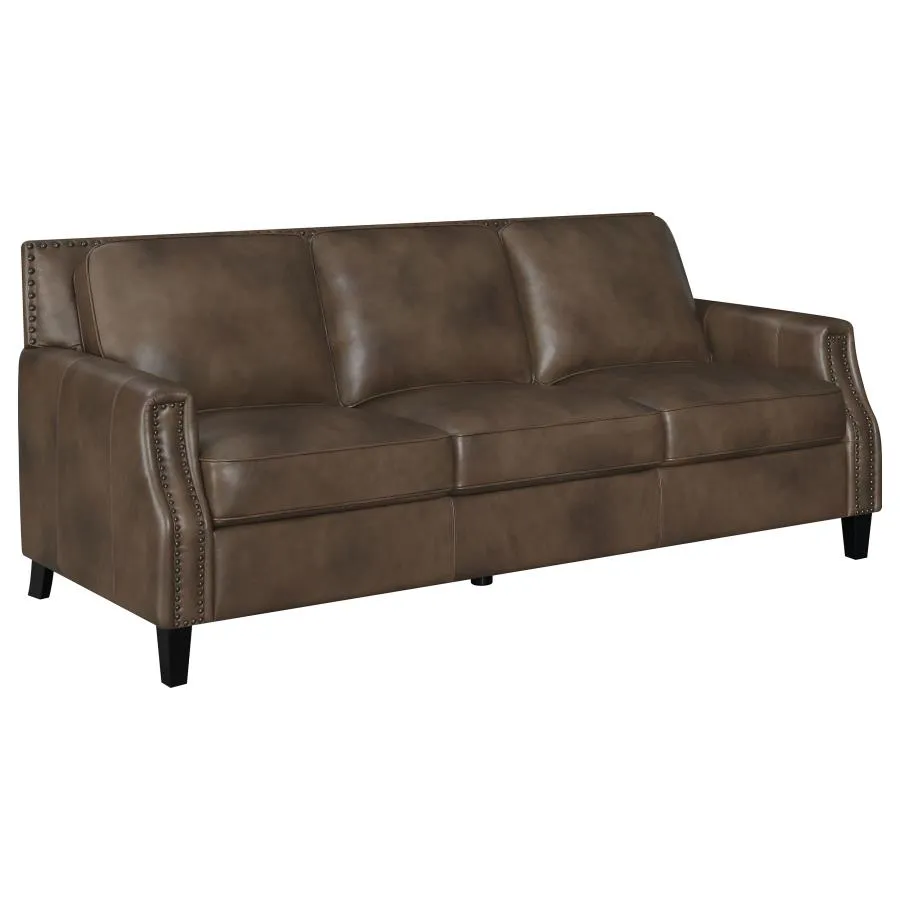 Leaton Recessed Arms Genuine Leather Living Room Set Brown Sugar