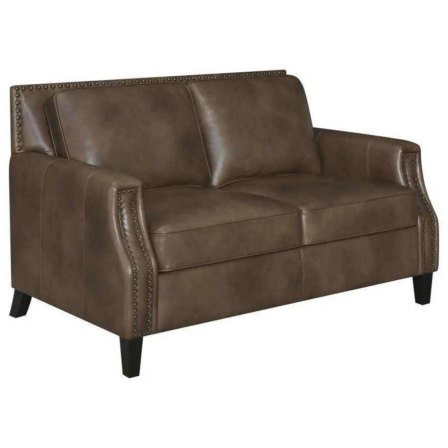 Leaton Recessed Arms Genuine Leather Living Room Set Brown Sugar