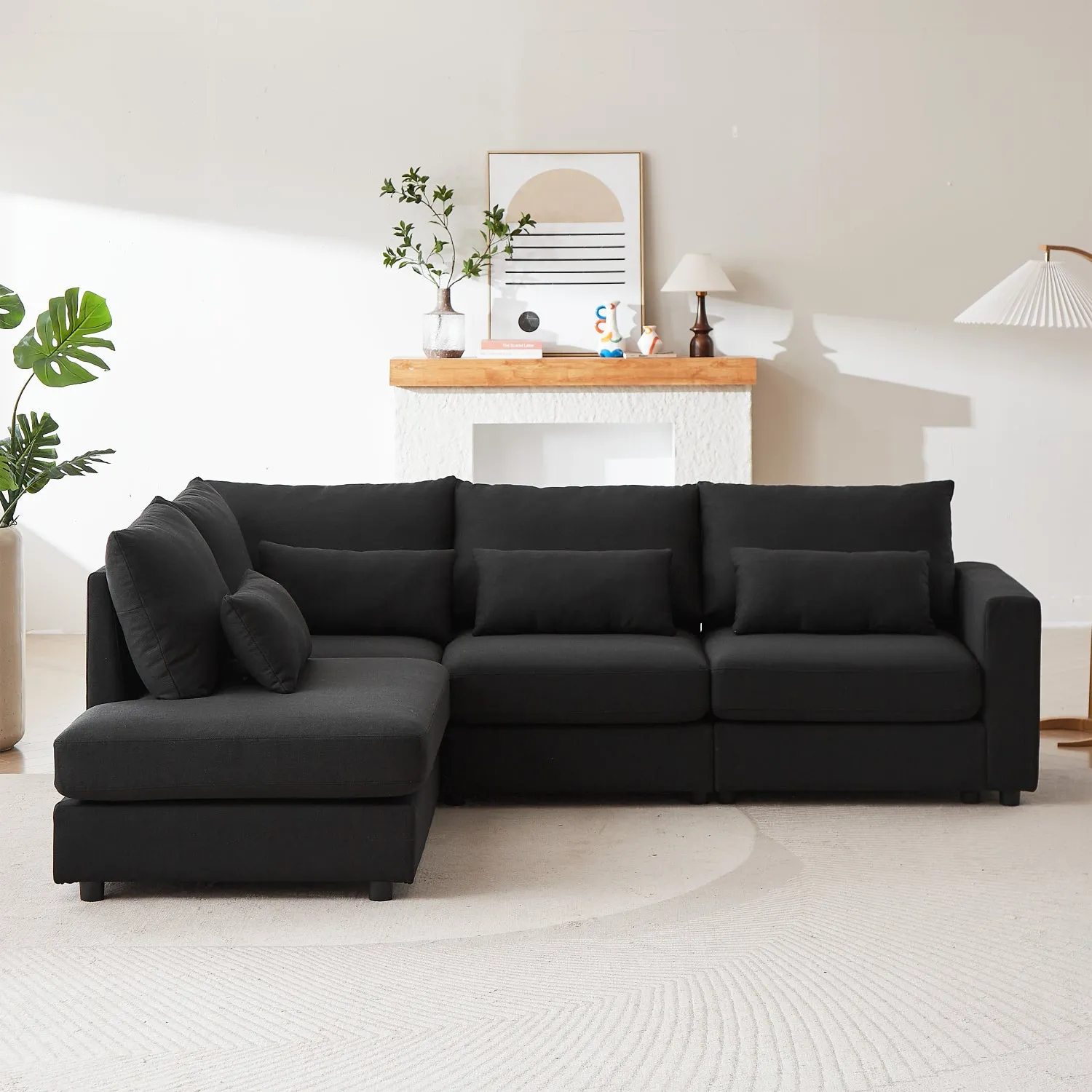 Streamdale 100" Convertible L-Shaped Linen Sofa with Ottoman & Cushions - Black