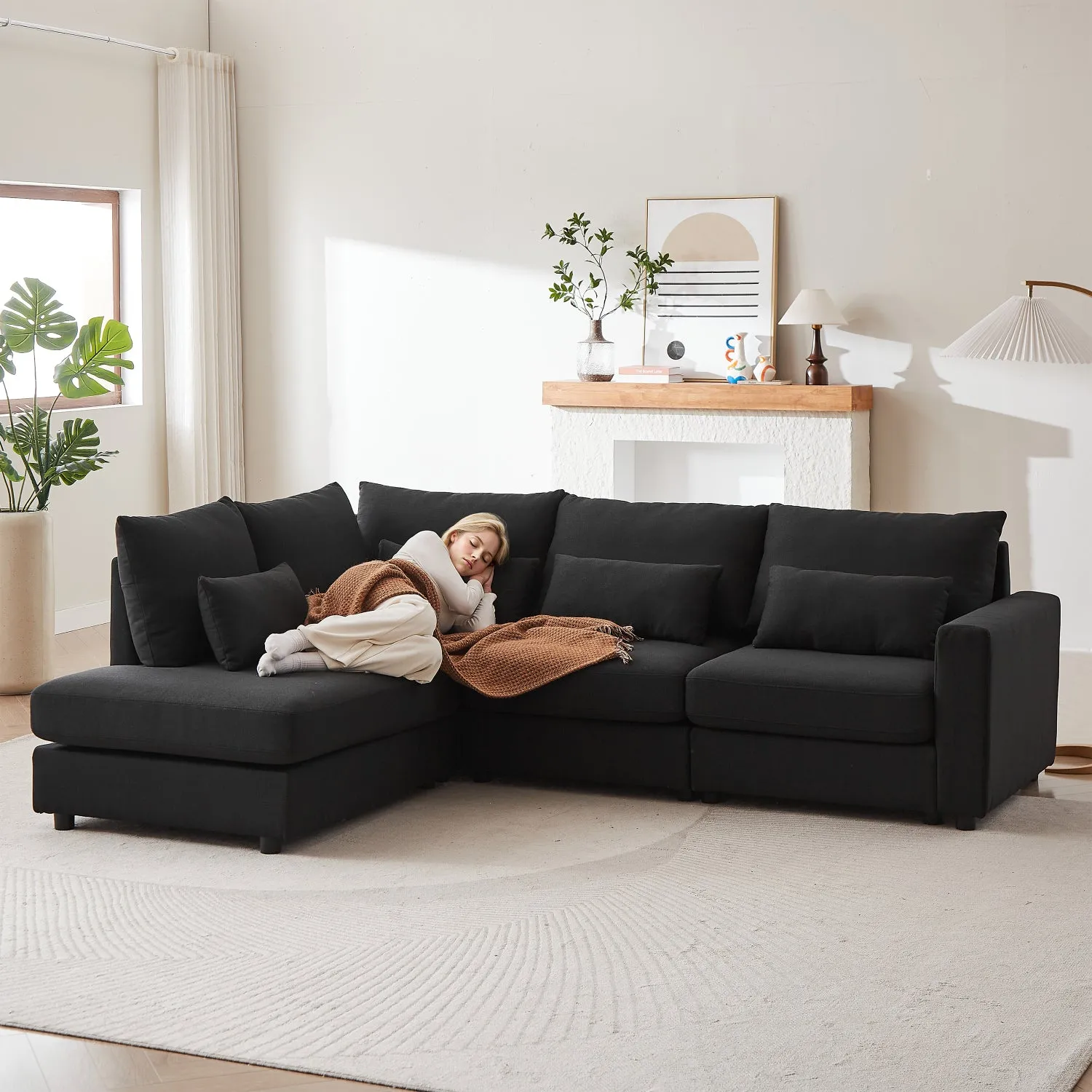 Streamdale 100" Convertible L-Shaped Linen Sofa with Ottoman & Cushions - Black