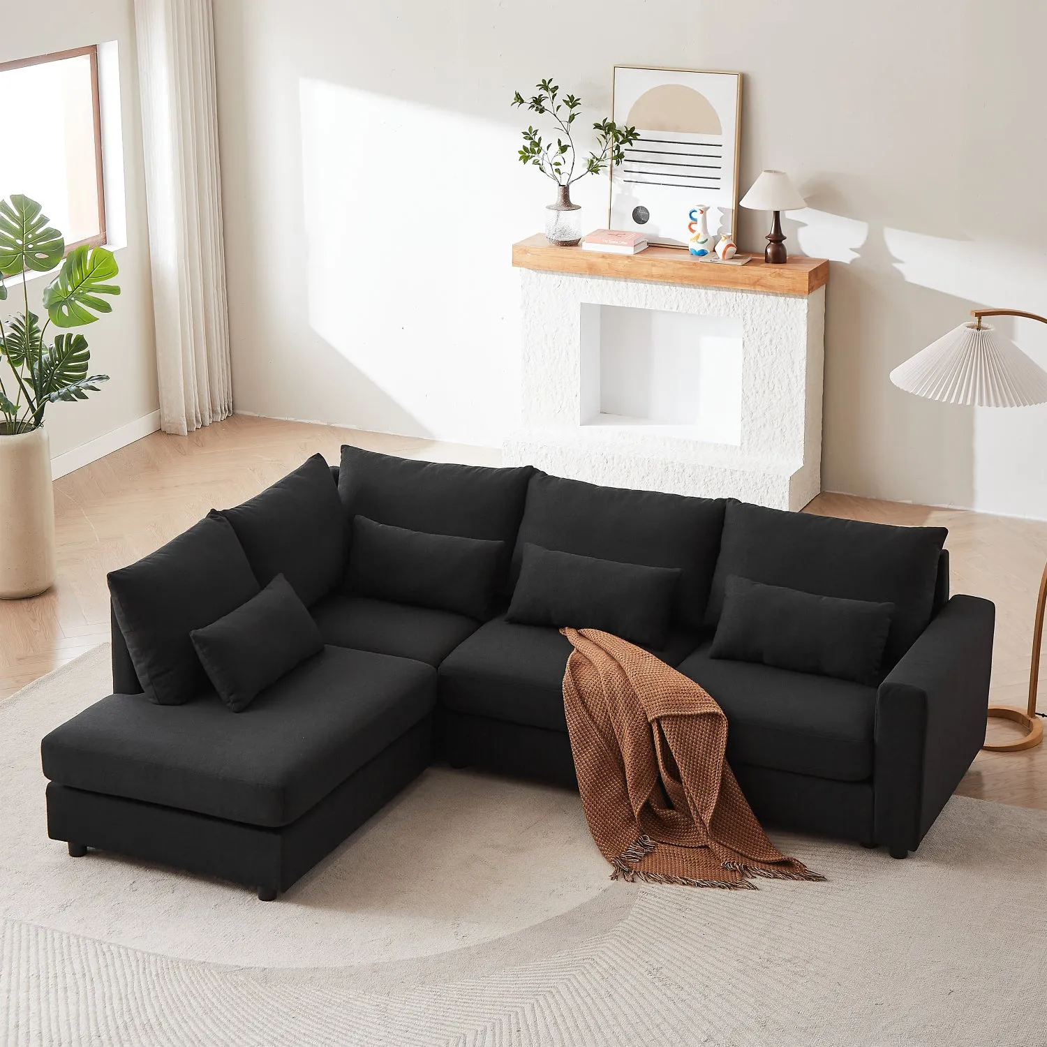 Streamdale 100" Convertible L-Shaped Linen Sofa with Ottoman & Cushions - Black