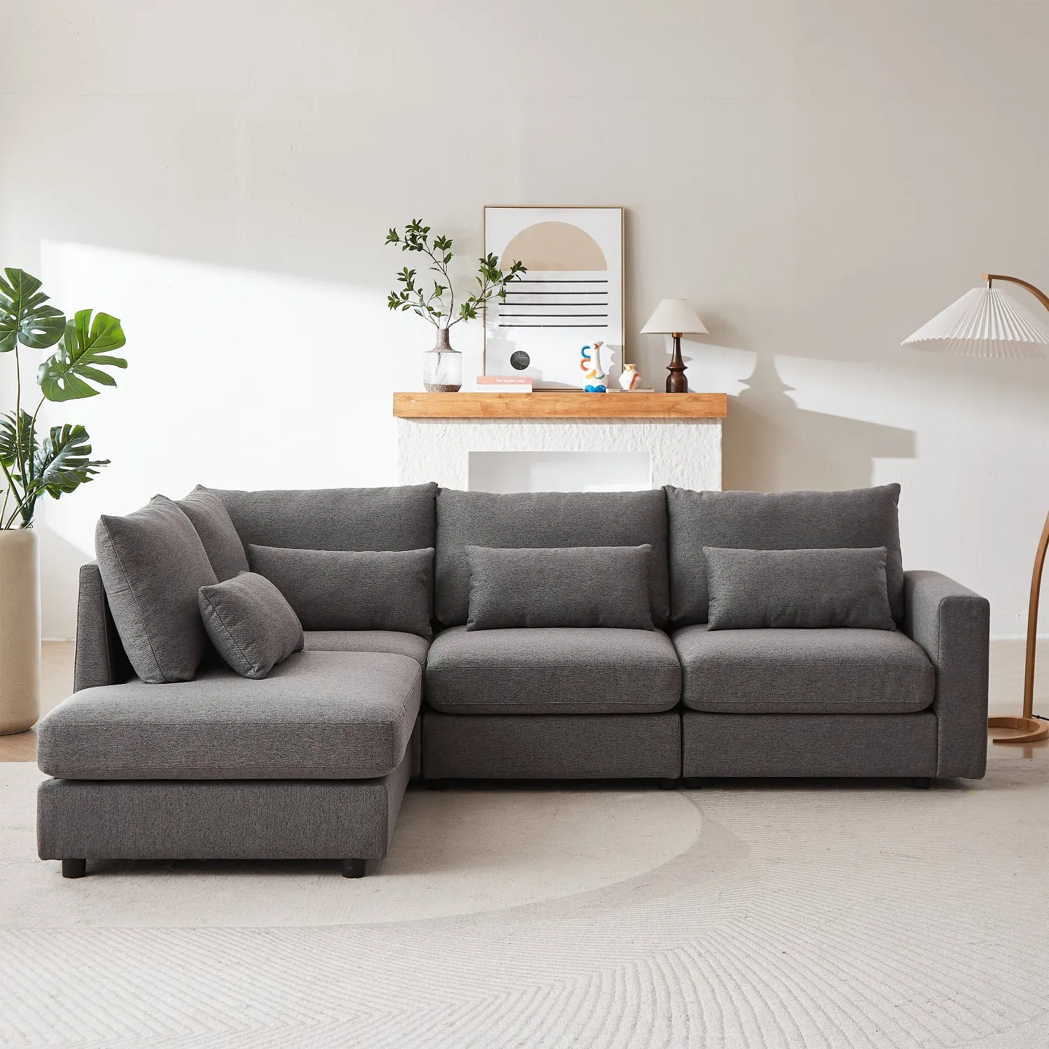 Streamdale 100" Convertible L-Shaped Linen Sofa with Ottoman & Cushions - Gray