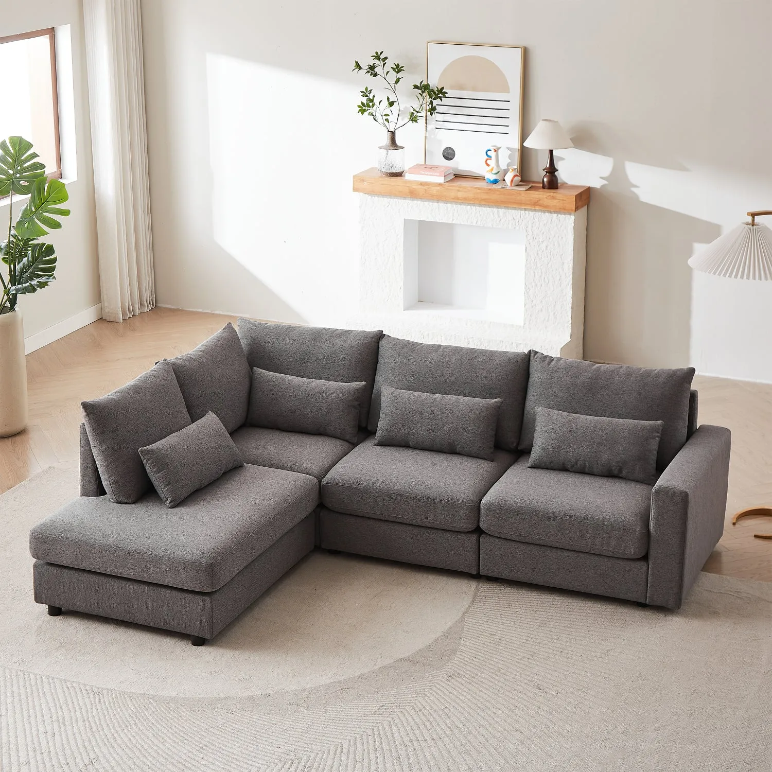 Streamdale 100" Convertible L-Shaped Linen Sofa with Ottoman & Cushions - Gray