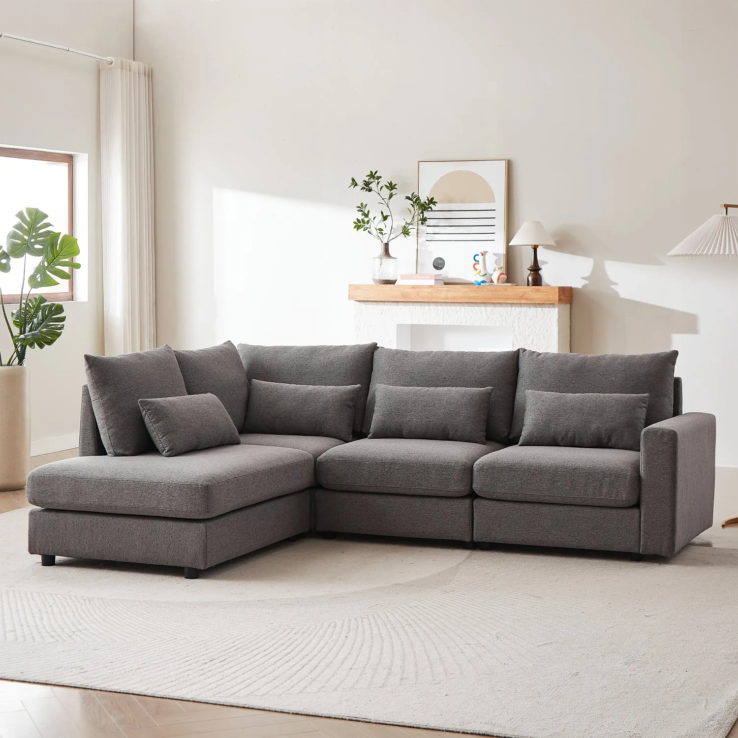 Streamdale 100" Convertible L-Shaped Linen Sofa with Ottoman & Cushions - Gray
