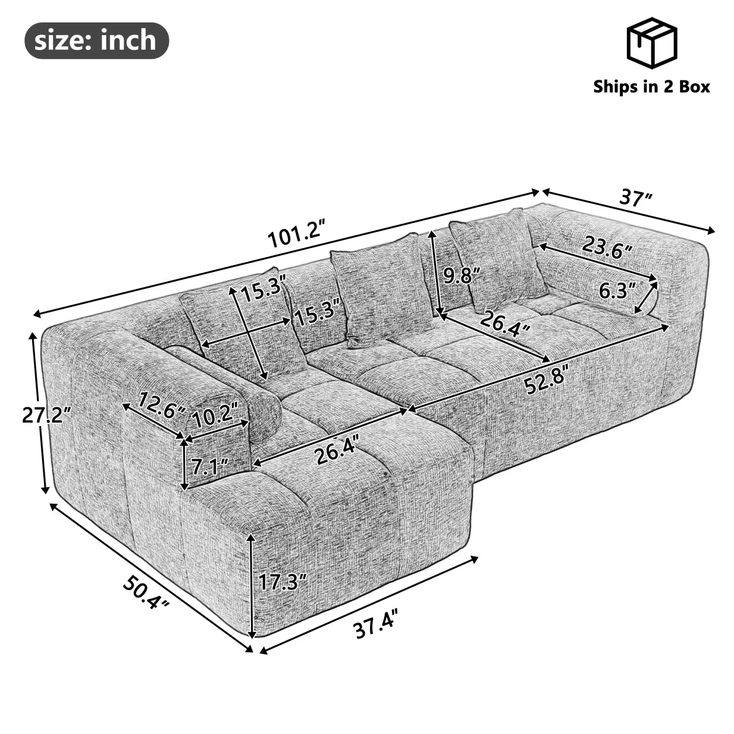 Streamdale 101" Sectional Sofa, Modular Couch, Deep Seating