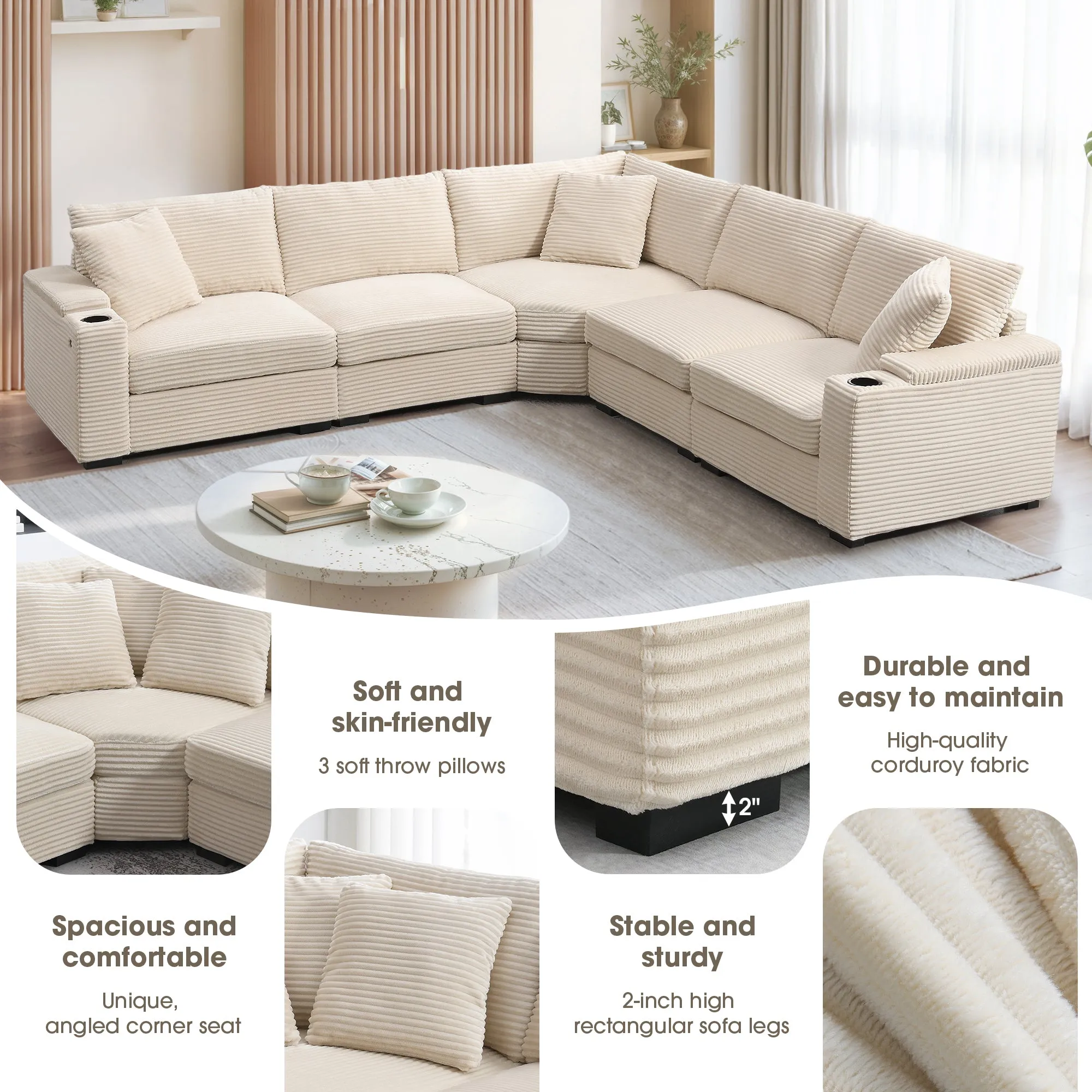 Streamdale 106" L-Shaped Corduroy Sectional Sofa with Storage and Conveniences