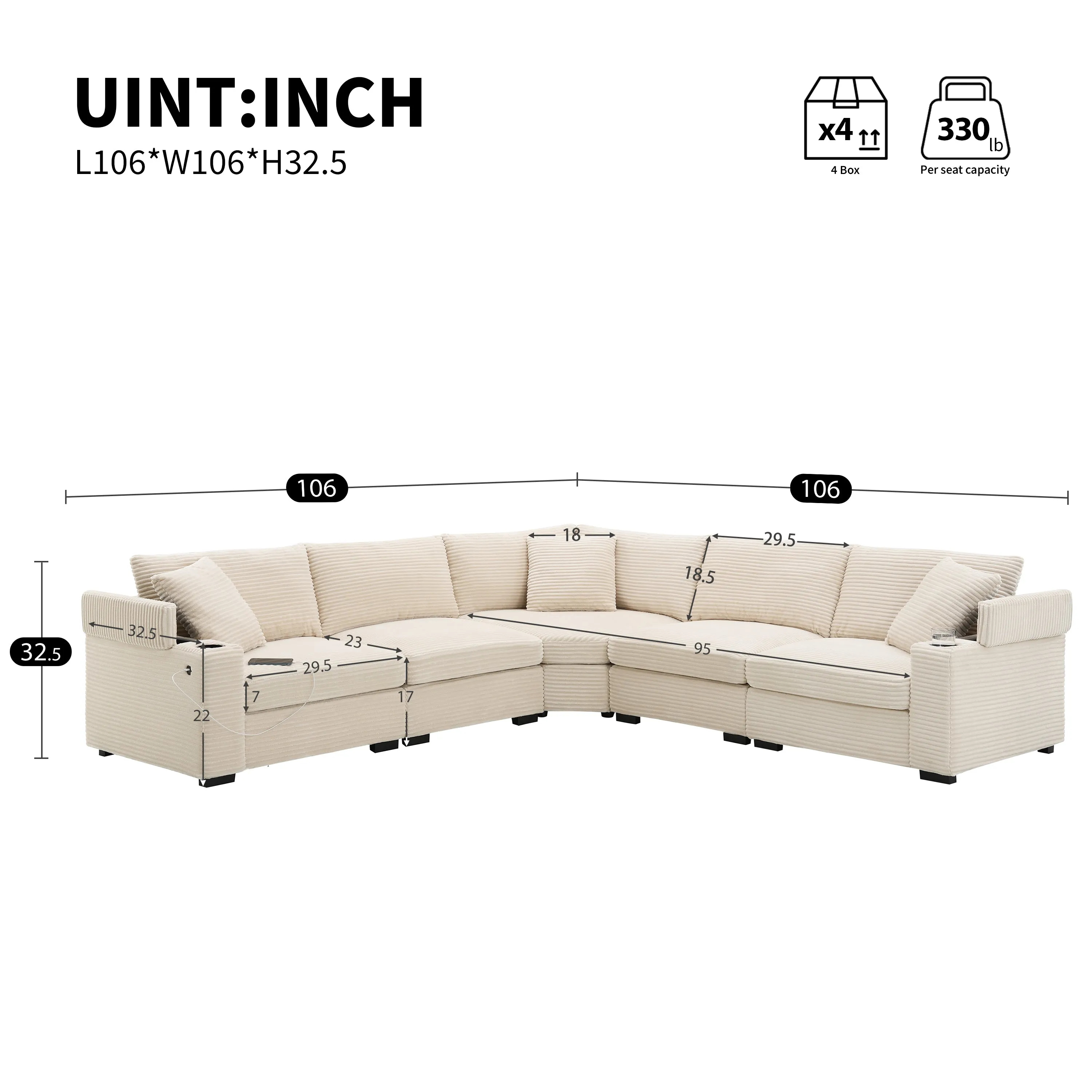 Streamdale 106" L-Shaped Corduroy Sectional Sofa with Storage and Conveniences