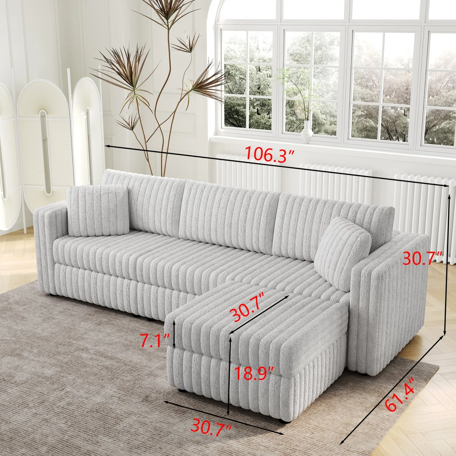 Streamdale 106" Light Gray Sofa with Ottoman Lift - Modern Modular Design