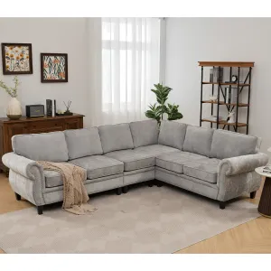 Streamdale 109.5" Light Gray Chenille Sectional Sofa, Rivets & Rolled Arms