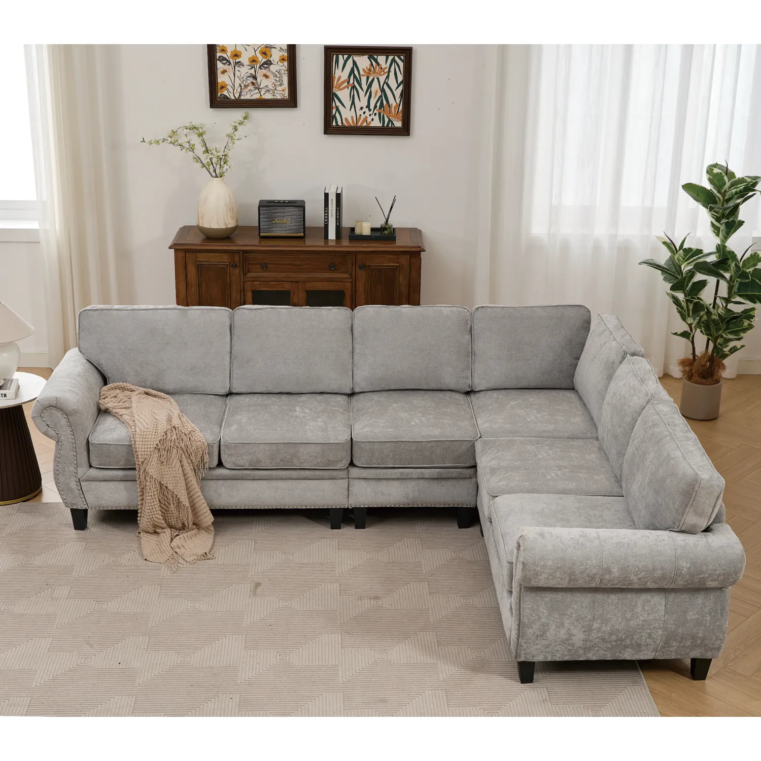 Streamdale 109.5" Light Gray Chenille Sectional Sofa, Rivets & Rolled Arms