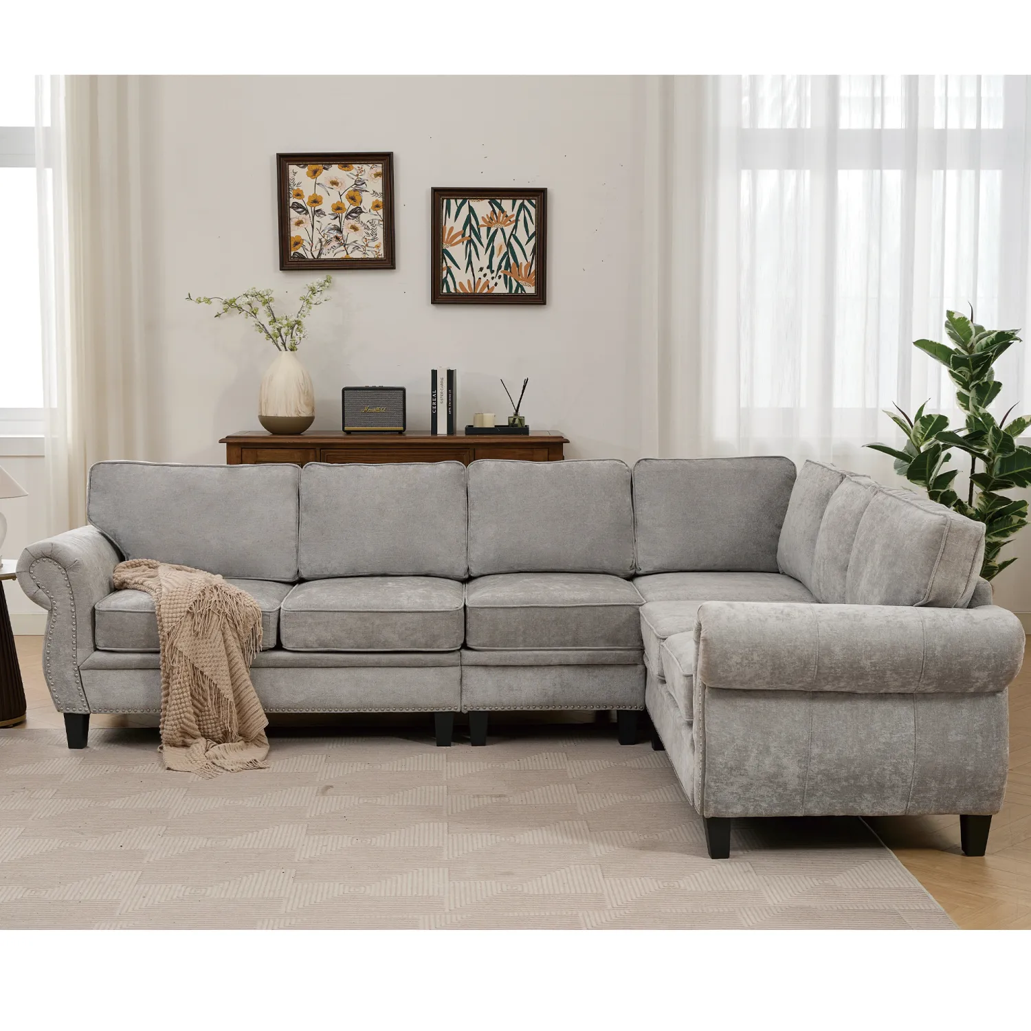 Streamdale 109.5" Light Gray Chenille Sectional Sofa, Rivets & Rolled Arms
