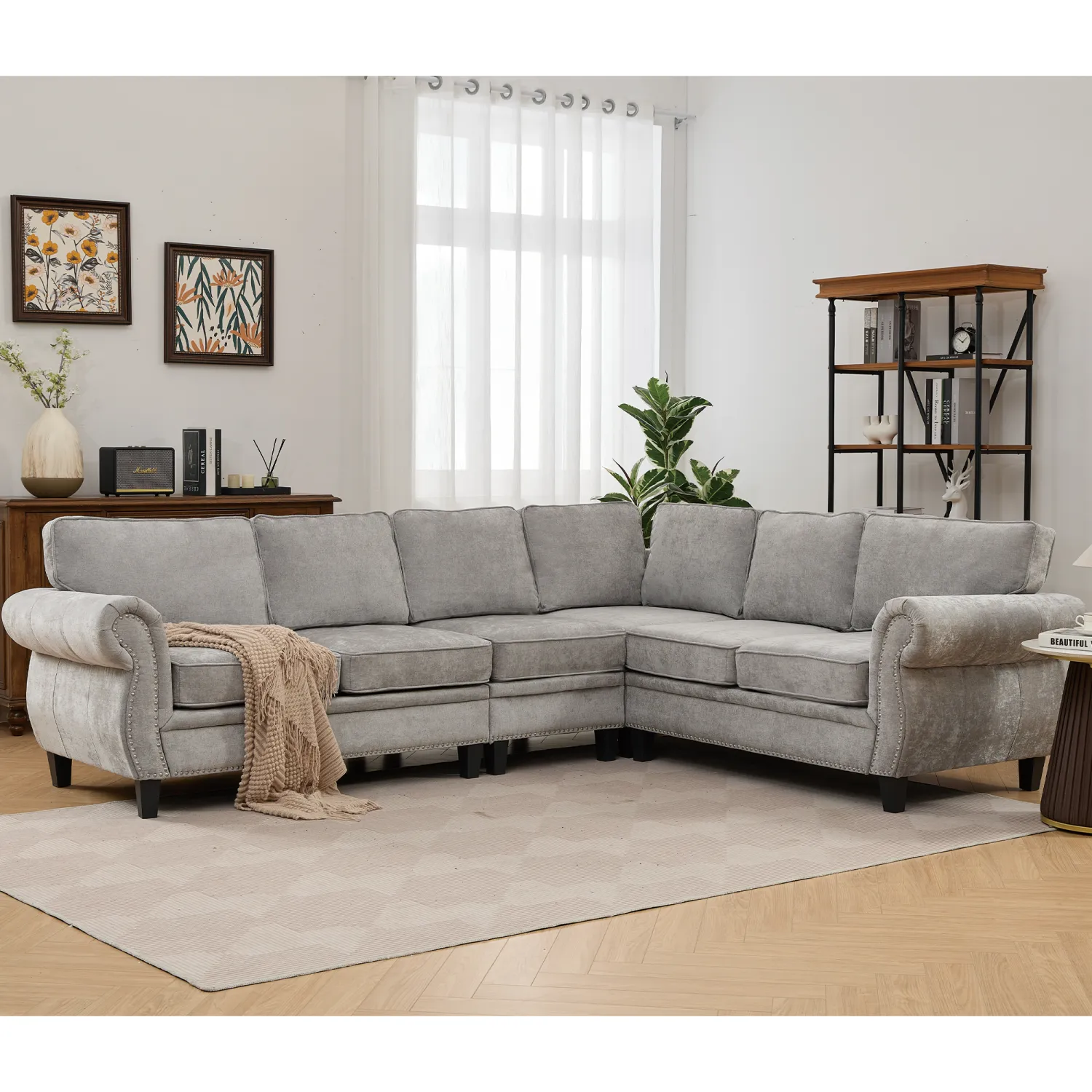 Streamdale 109.5" Light Gray Chenille Sectional Sofa, Rivets & Rolled Arms