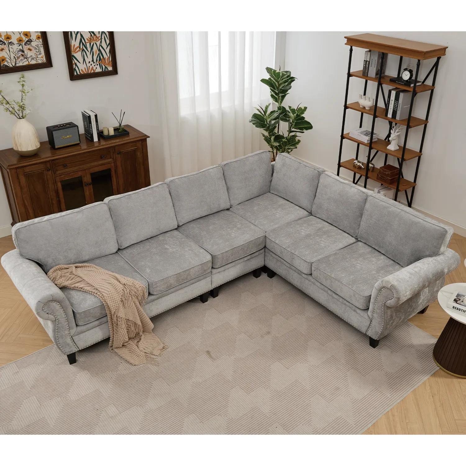 Streamdale 109.5" Light Gray Chenille Sectional Sofa, Rivets & Rolled Arms