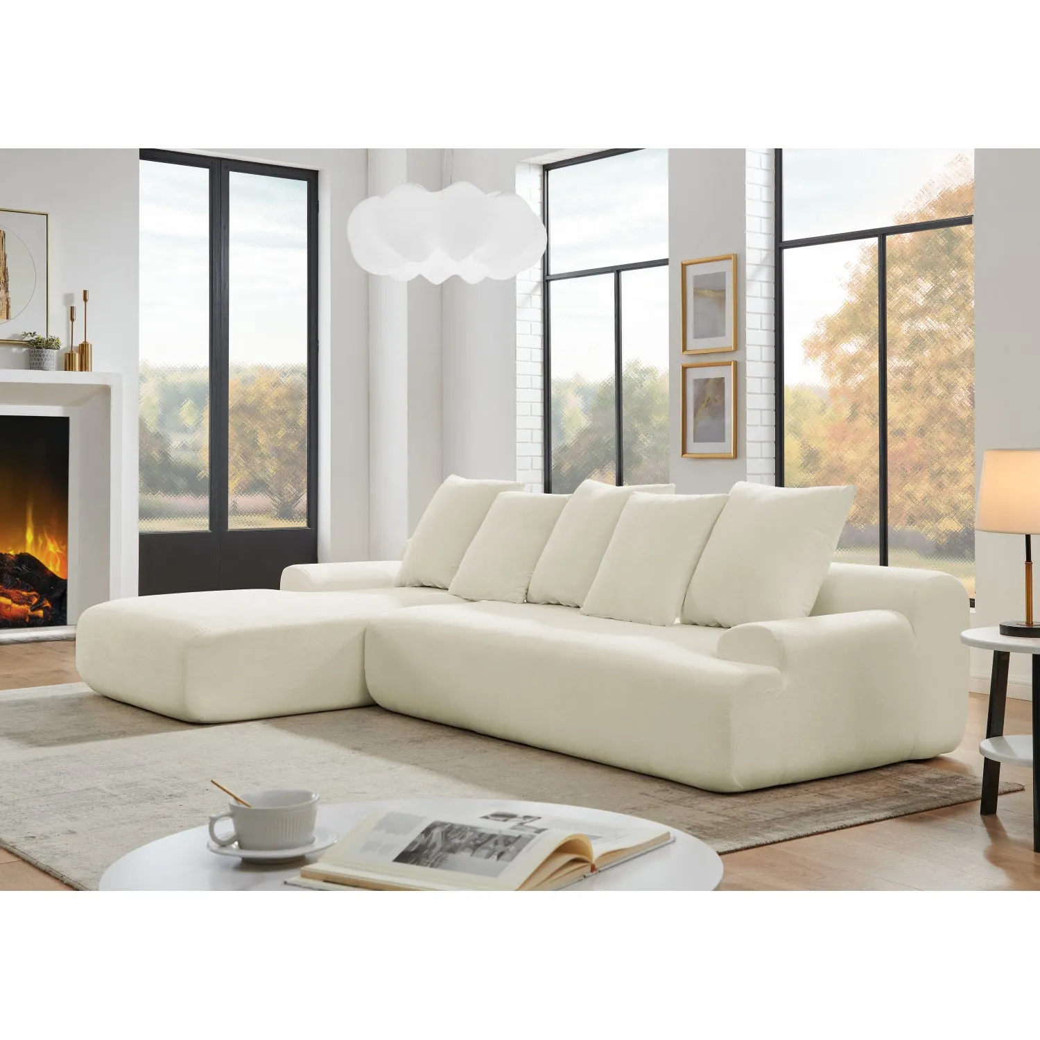 Streamdale 110" Modern L-Shape Sectional Sofa, Beige Velvet