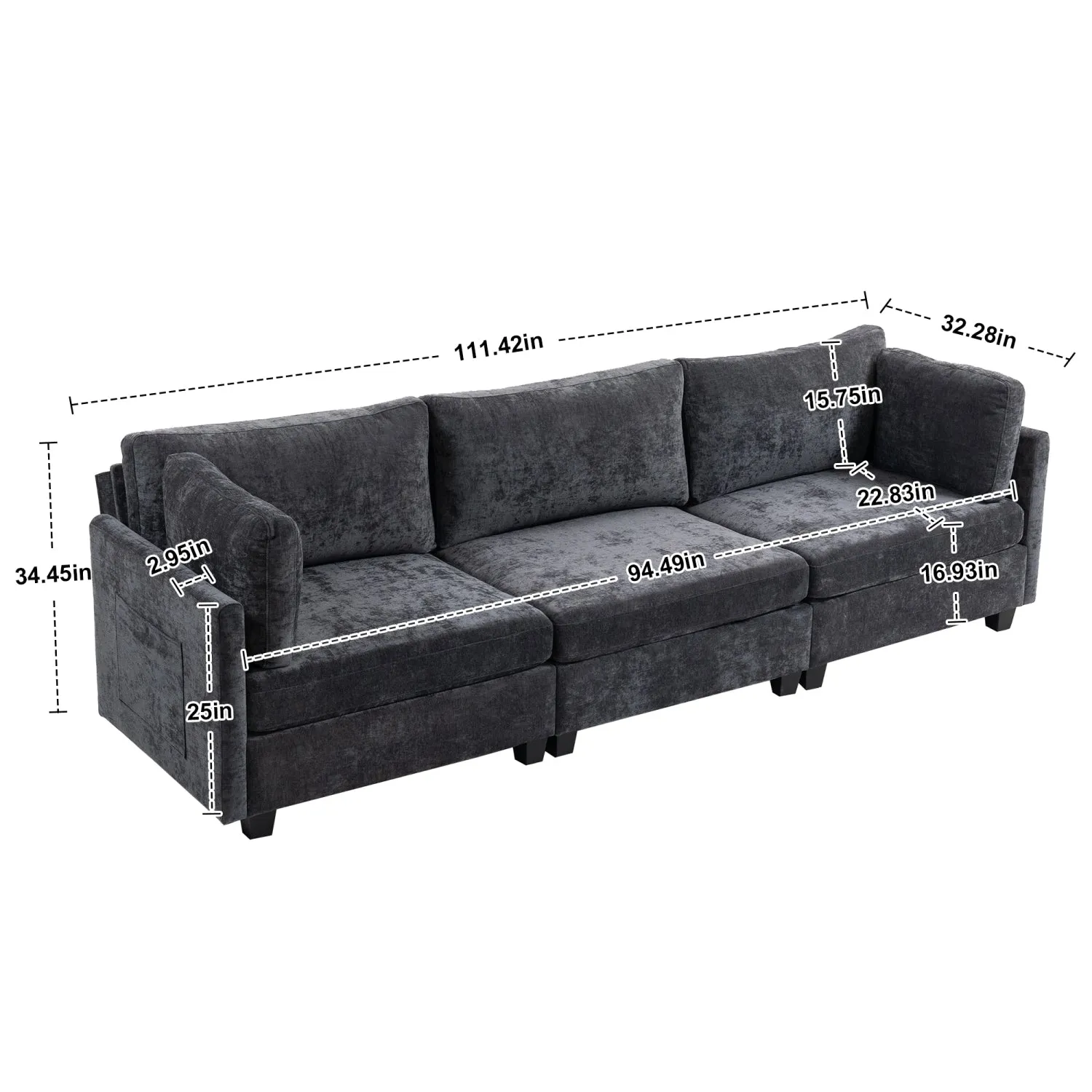 Streamdale 111.42x32.28" 3-Seater Chenille Sofa - Comfy, Cloud-Soft, with Side Pocket