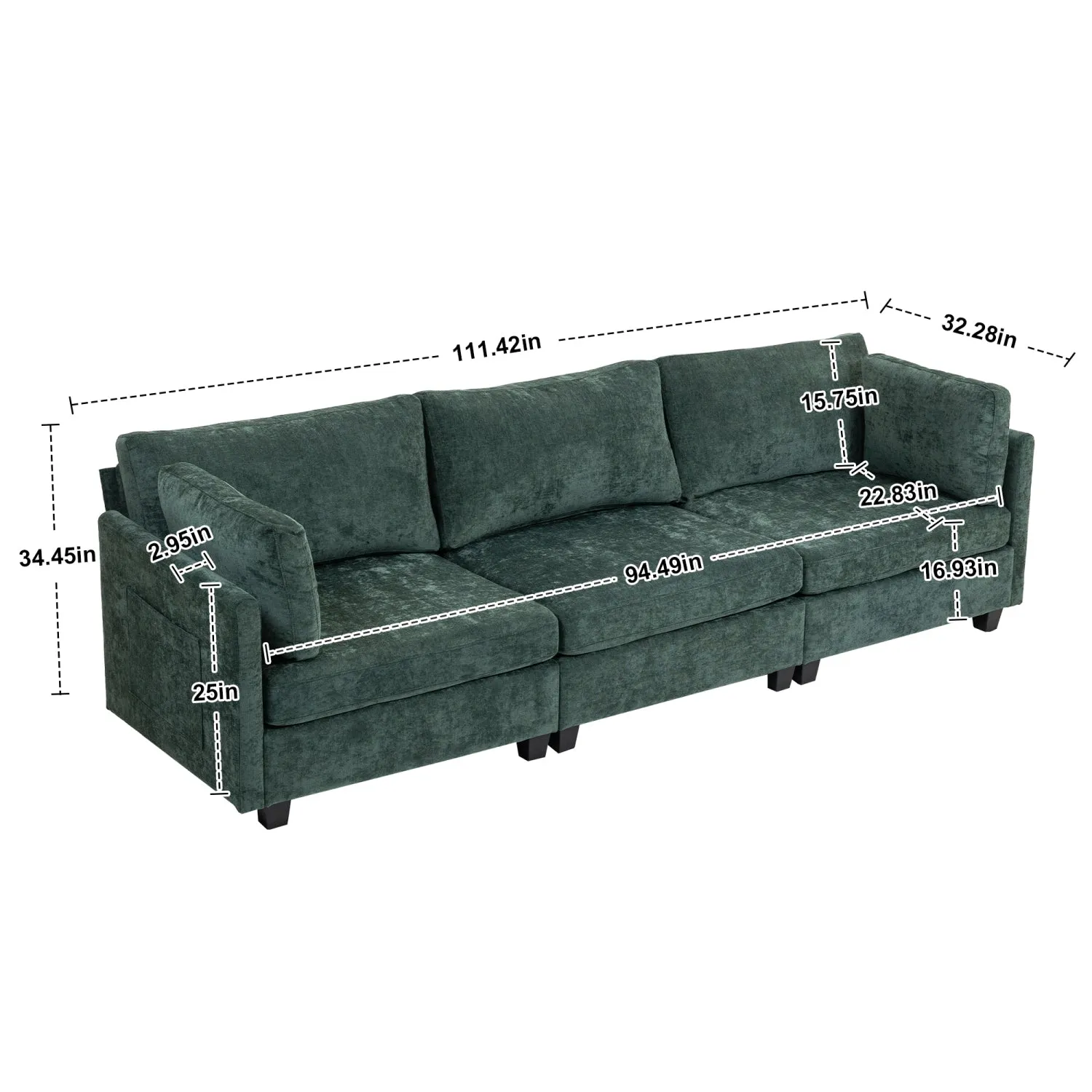 Streamdale 111.42x32.28" 3-Seater Chenille Sofa - Comfy, Cloud-Soft, with Side Pocket