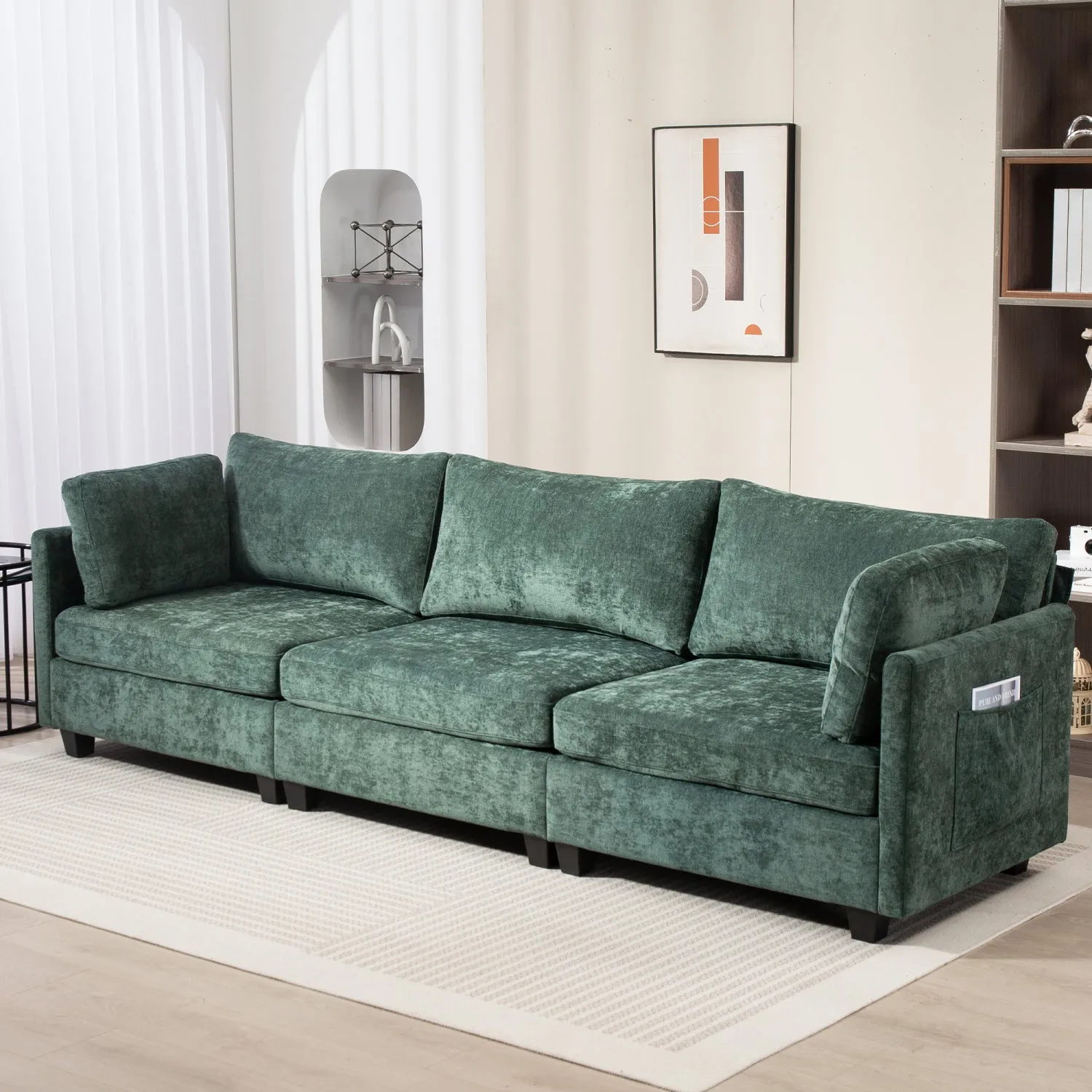 Streamdale 111.42x32.28" 3-Seater Chenille Sofa - Comfy, Cloud-Soft, with Side Pocket