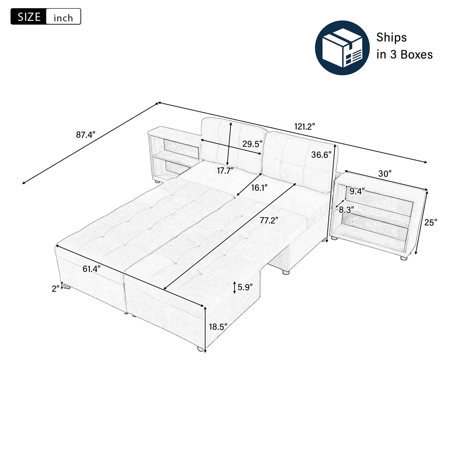 Streamdale 121" Modular Sofa Bed with Storage