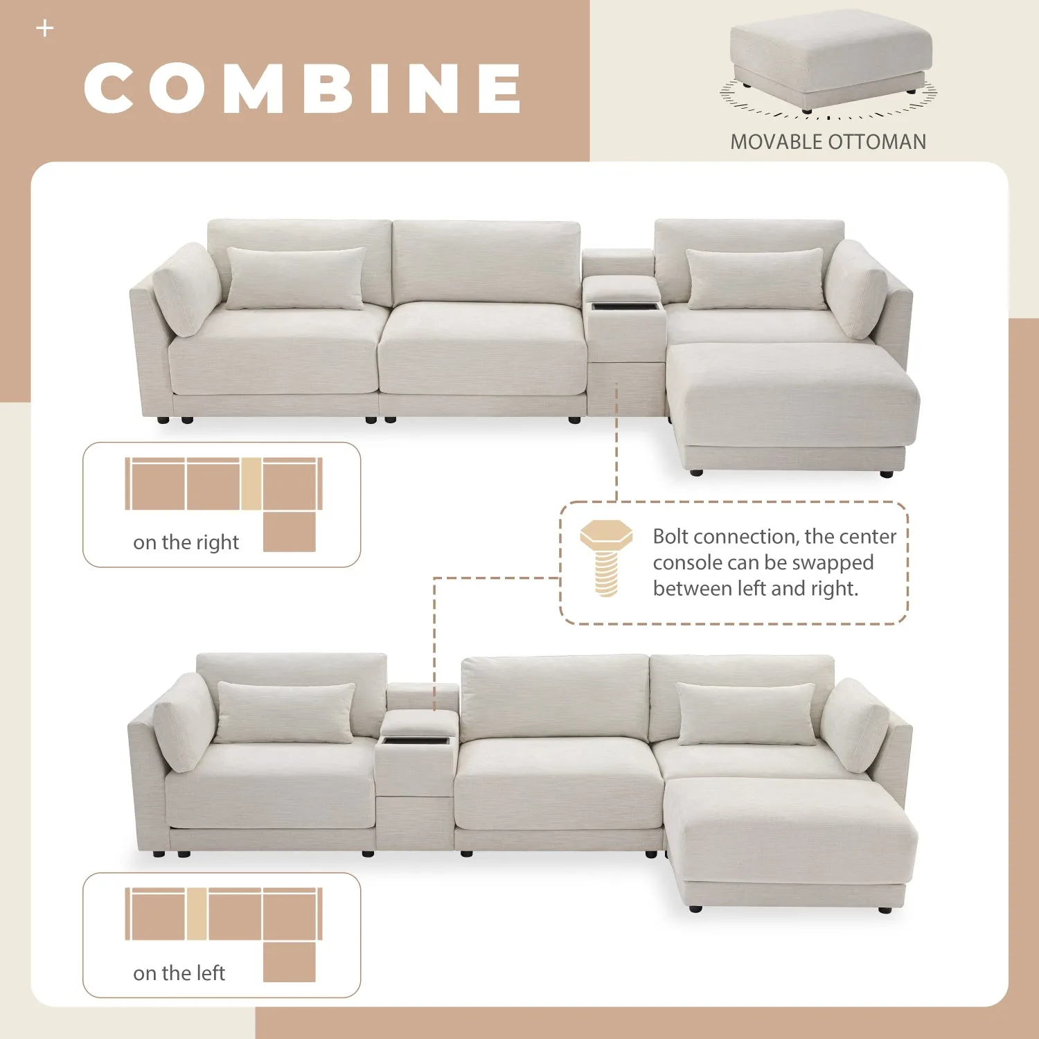 Streamdale 124" Modular Sectional Sofa w/ Storage, Ottoman, USB Charger