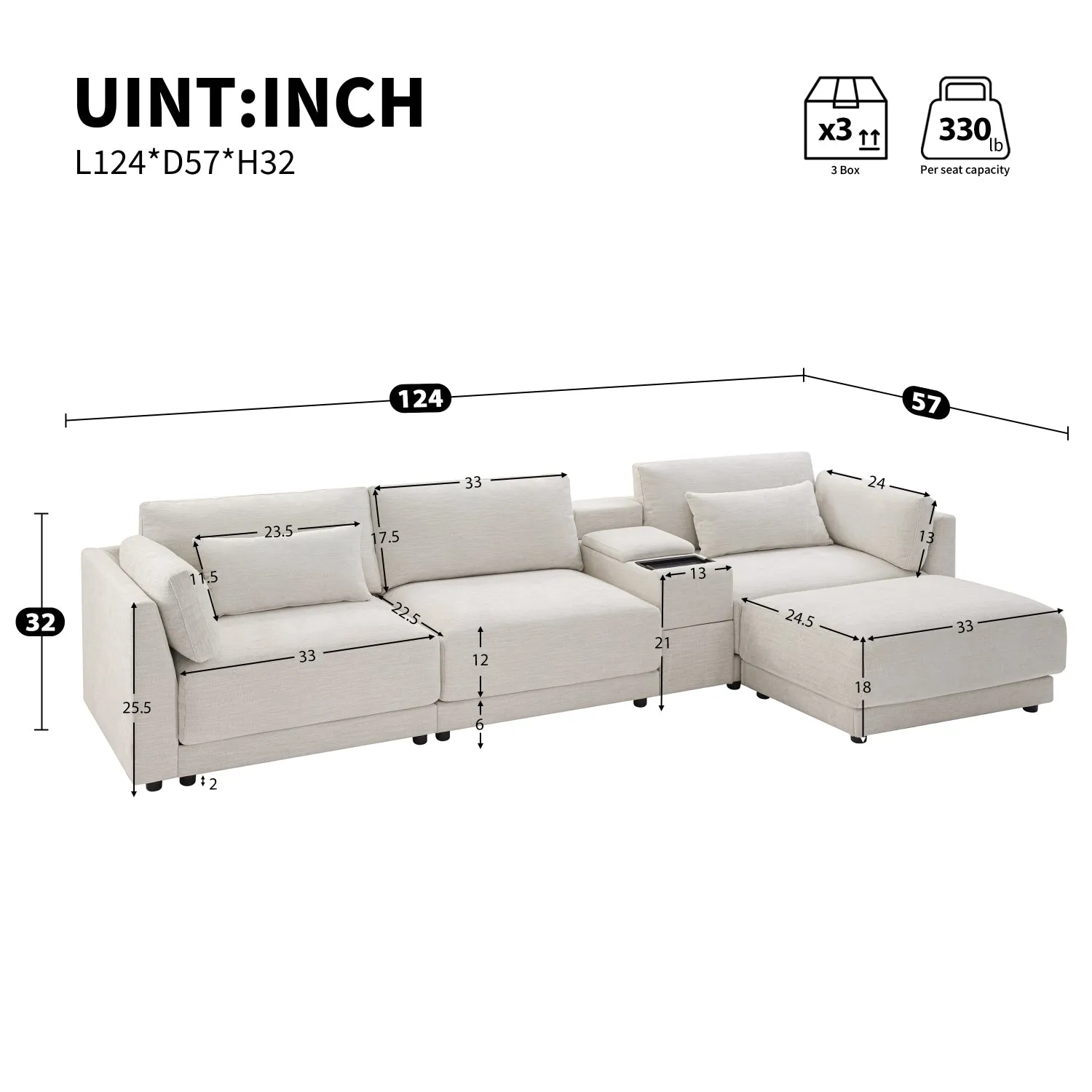 Streamdale 124" Modular Sectional Sofa w/ Storage, Ottoman, USB Charger