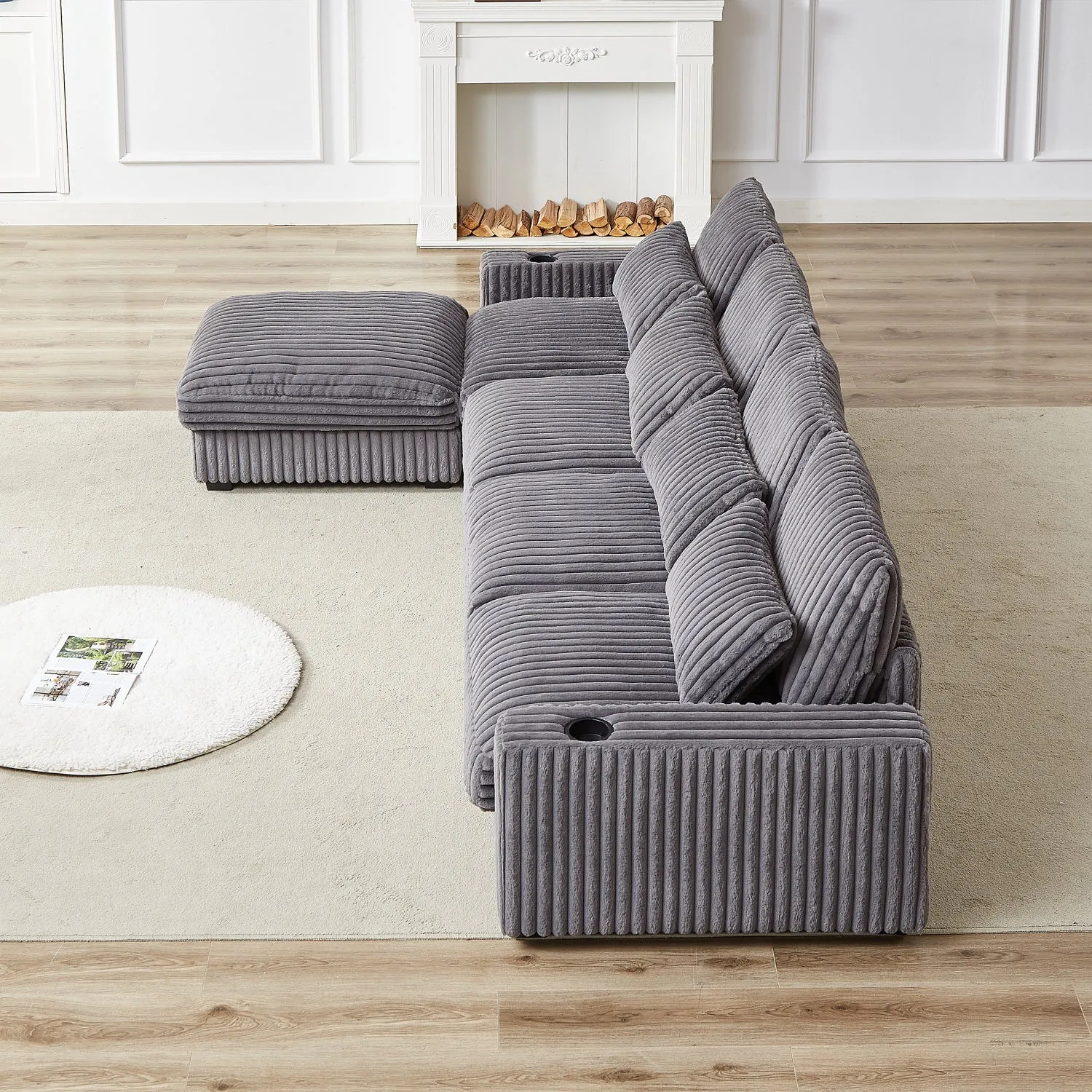 Streamdale 126" Corduroy L-Shaped Sofa w/ Cup Holder, USB, Pillows & Ottoman