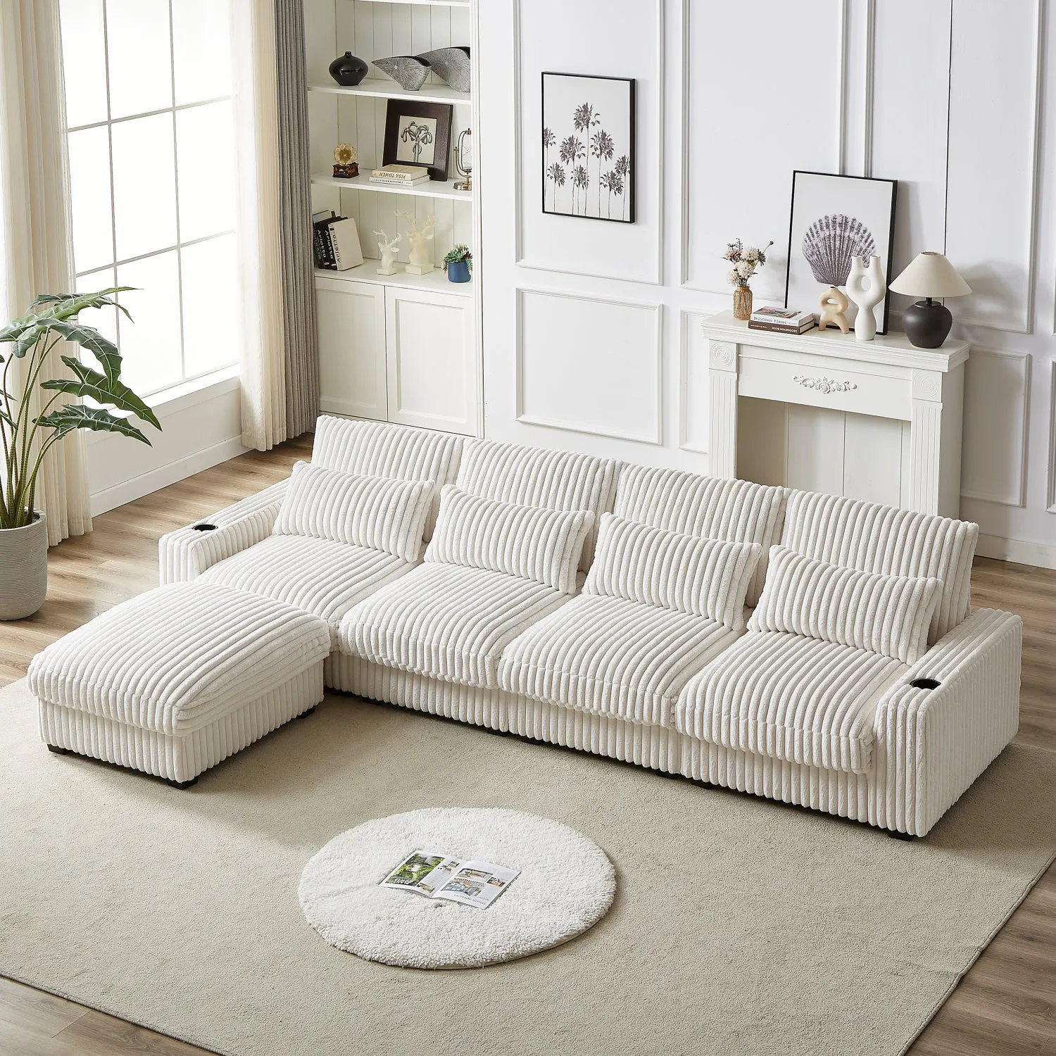 Streamdale 126" Corduroy L-Shaped Sofa w/ Cup Holder, USB, Pillows & Ottoman