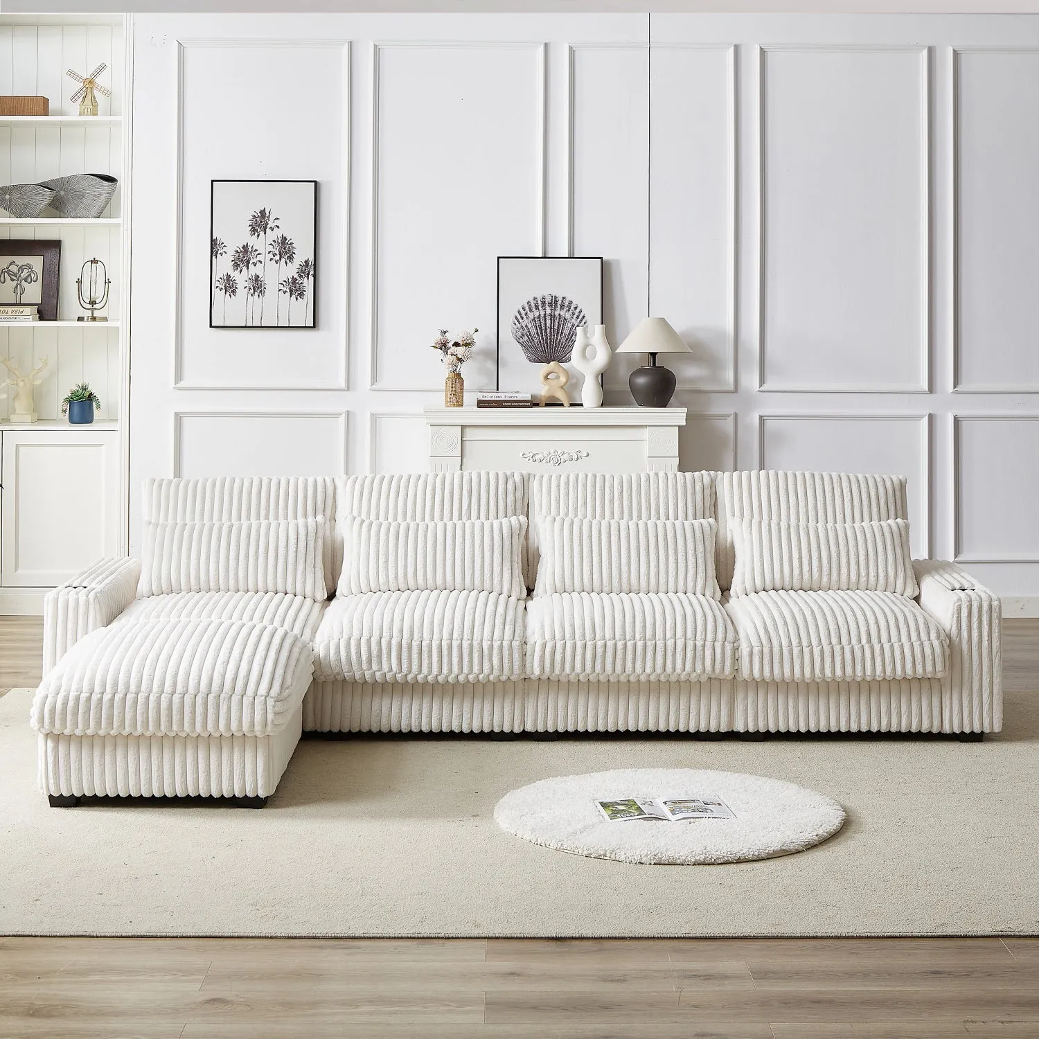 Streamdale 126" Corduroy L-Shaped Sofa w/ Cup Holder, USB, Pillows & Ottoman