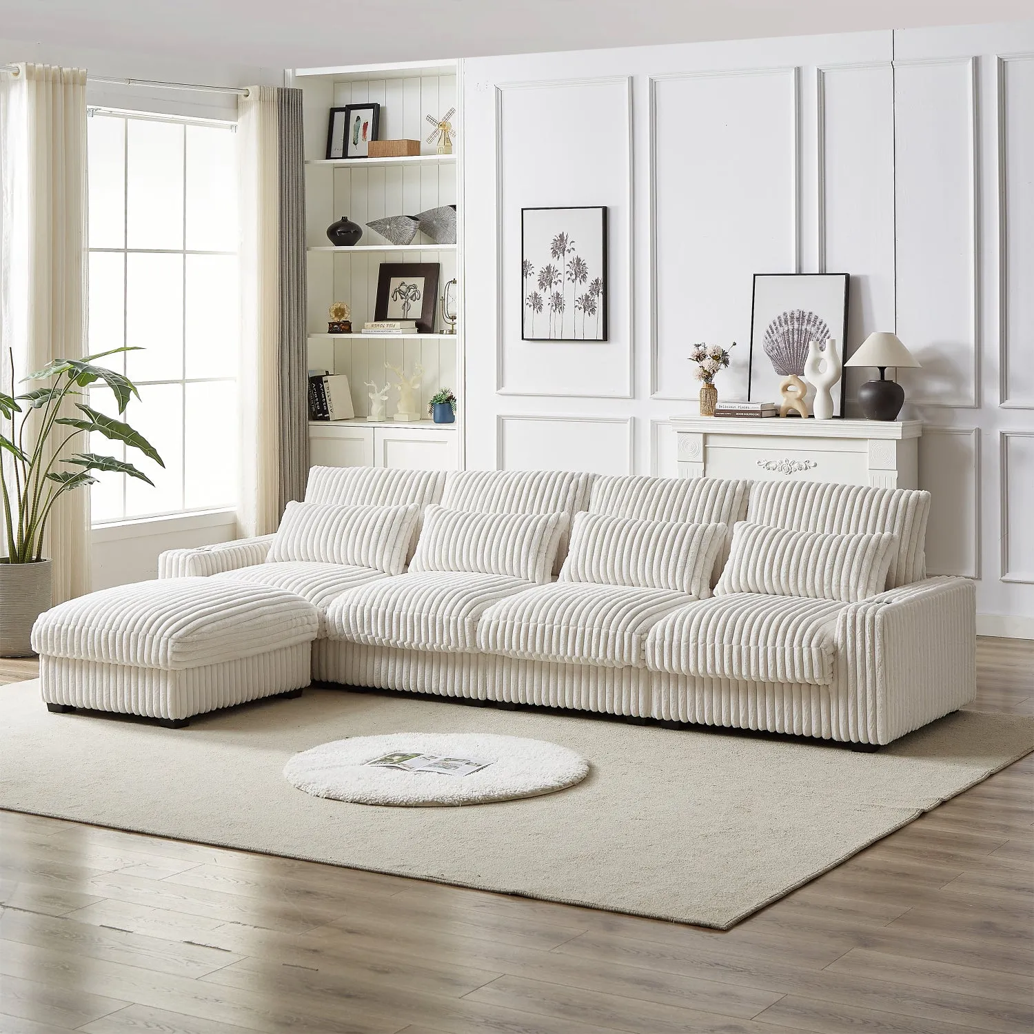 Streamdale 126" Corduroy L-Shaped Sofa w/ Cup Holder, USB, Pillows & Ottoman