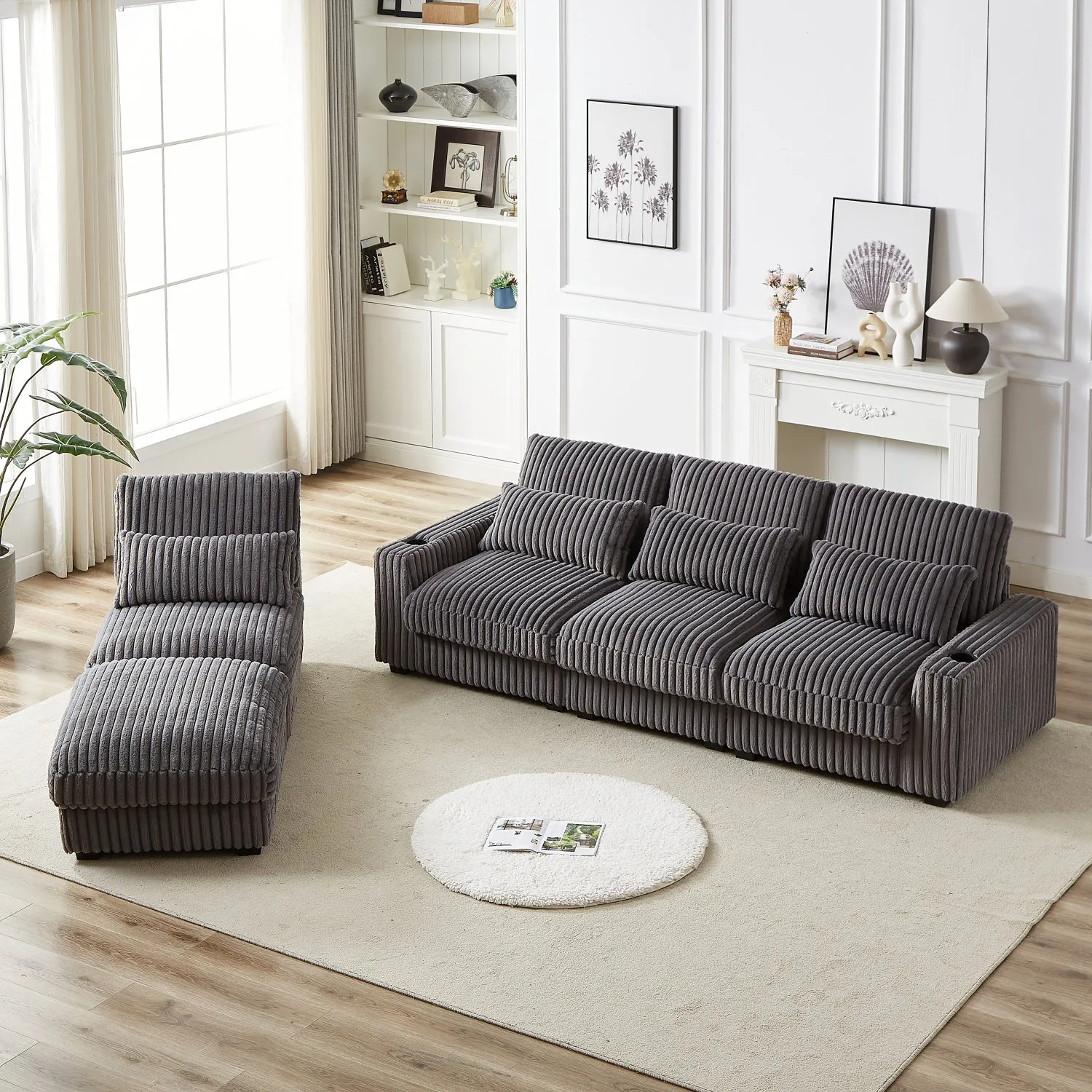 Streamdale 126" Corduroy L-Shaped Sofa w/ Cup Holder, USB, Pillows & Ottoman