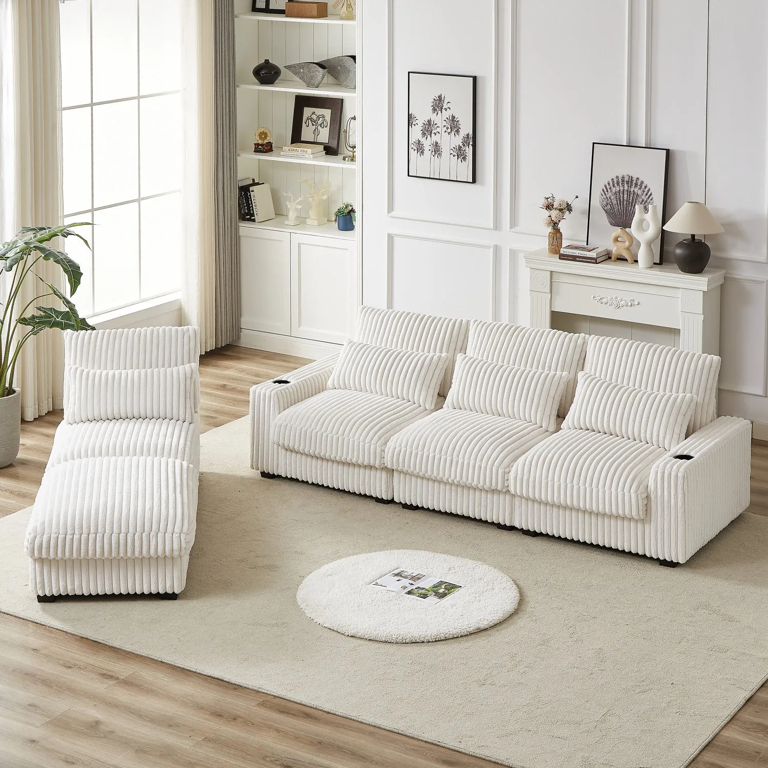 Streamdale 126" Corduroy L-Shaped Sofa w/ Cup Holder, USB, Pillows & Ottoman