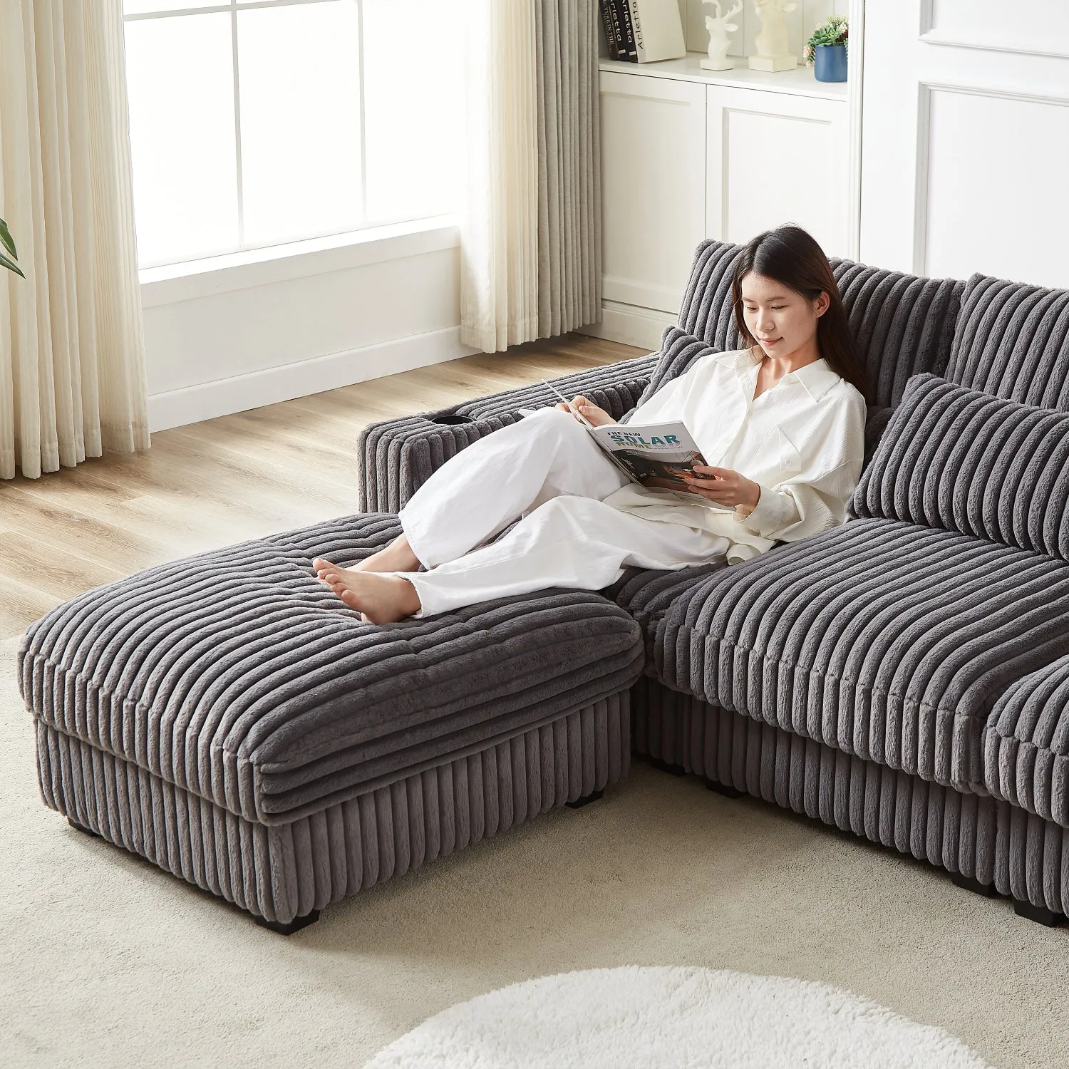 Streamdale 126" Corduroy L-Shaped Sofa w/ Cup Holder, USB, Pillows & Ottoman