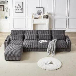 Streamdale 126" Corduroy L-Shaped Sofa w/ Cup Holder, USB, Pillows & Ottoman