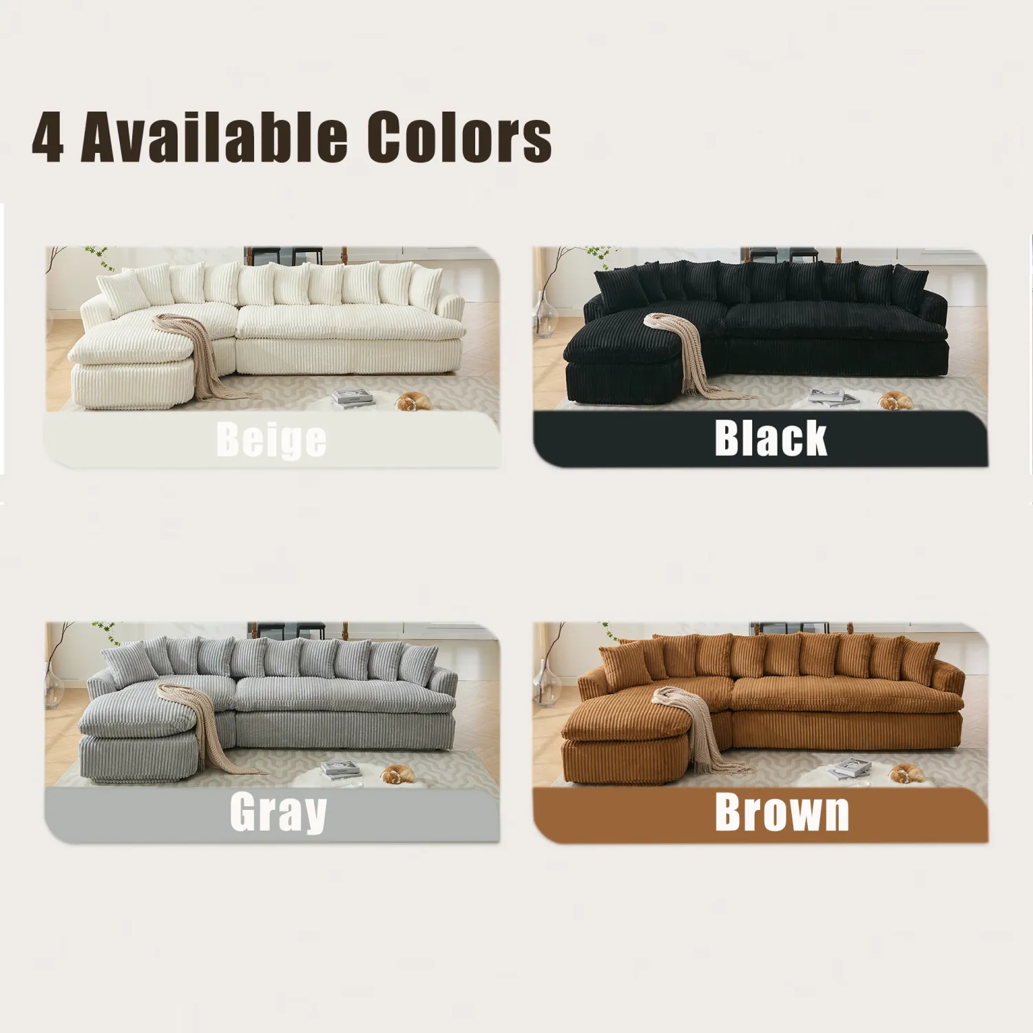 Streamdale 127" Large Beige Corduroy Sectional Sofa - Curved Design, High-Resilience Foam
