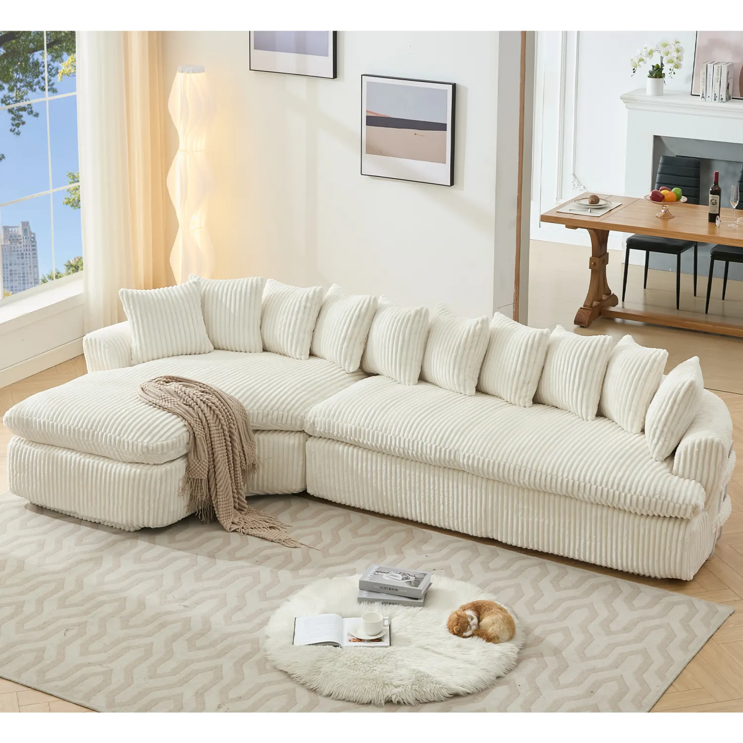 Streamdale 127" Large Beige Corduroy Sectional Sofa - Curved Design, High-Resilience Foam