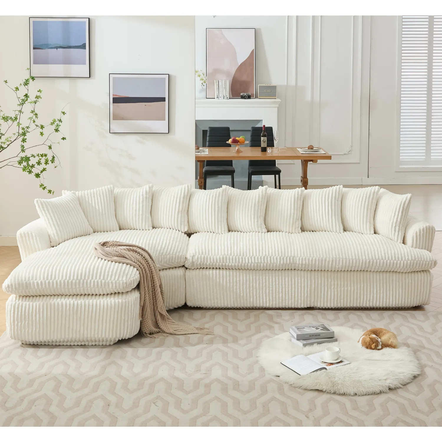 Streamdale 127" Large Beige Corduroy Sectional Sofa - Curved Design, High-Resilience Foam