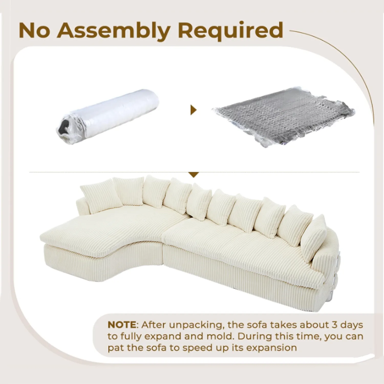 Streamdale 127" Large Beige Corduroy Sectional Sofa - Curved Design, High-Resilience Foam