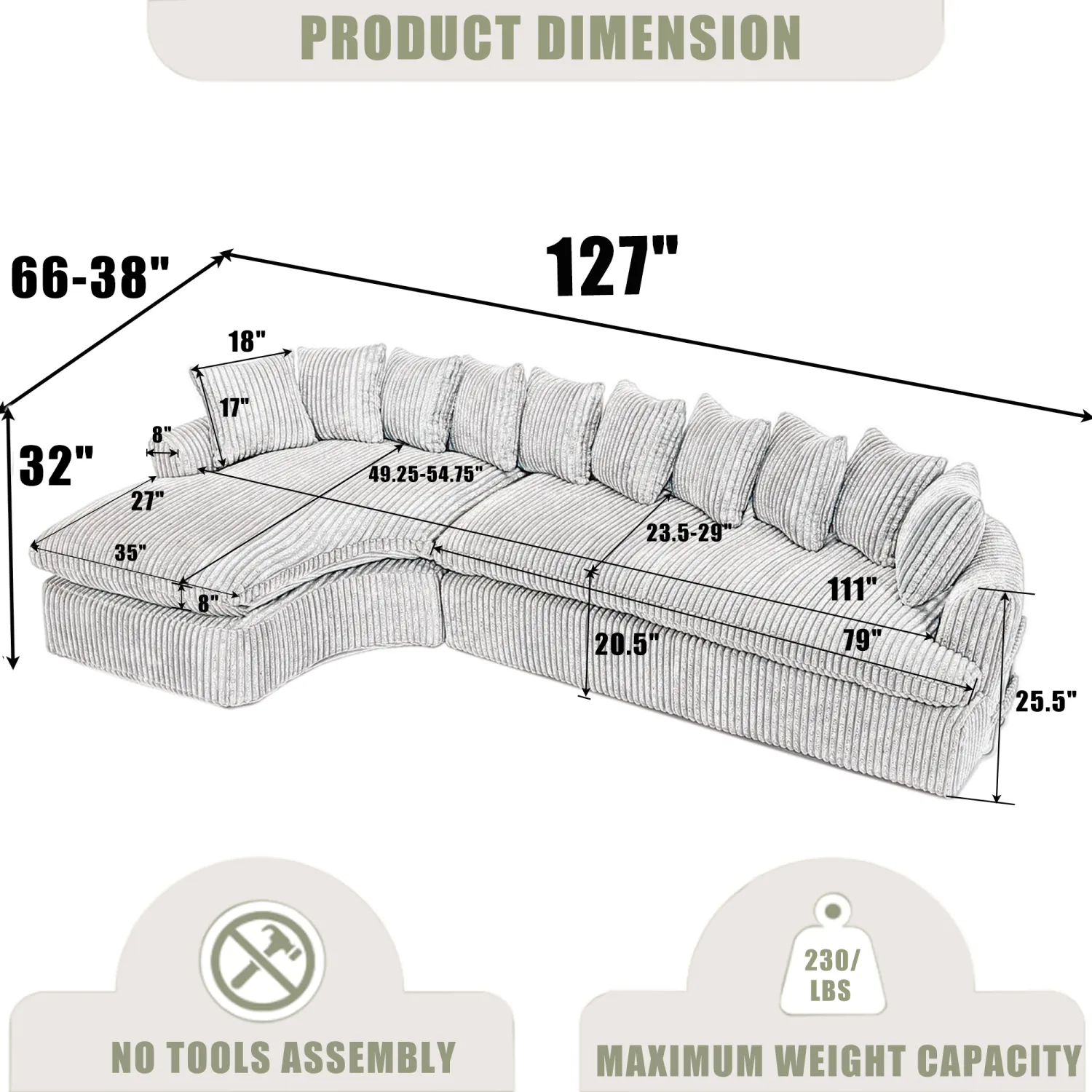 Streamdale 127" Large Beige Corduroy Sectional Sofa - Curved Design, High-Resilience Foam