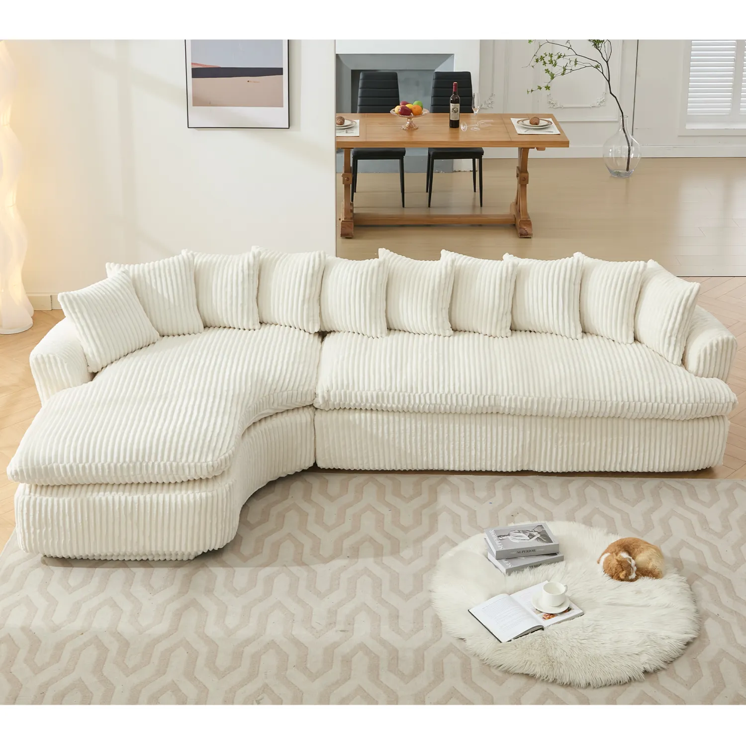 Streamdale 127" Large Beige Corduroy Sectional Sofa - Curved Design, High-Resilience Foam